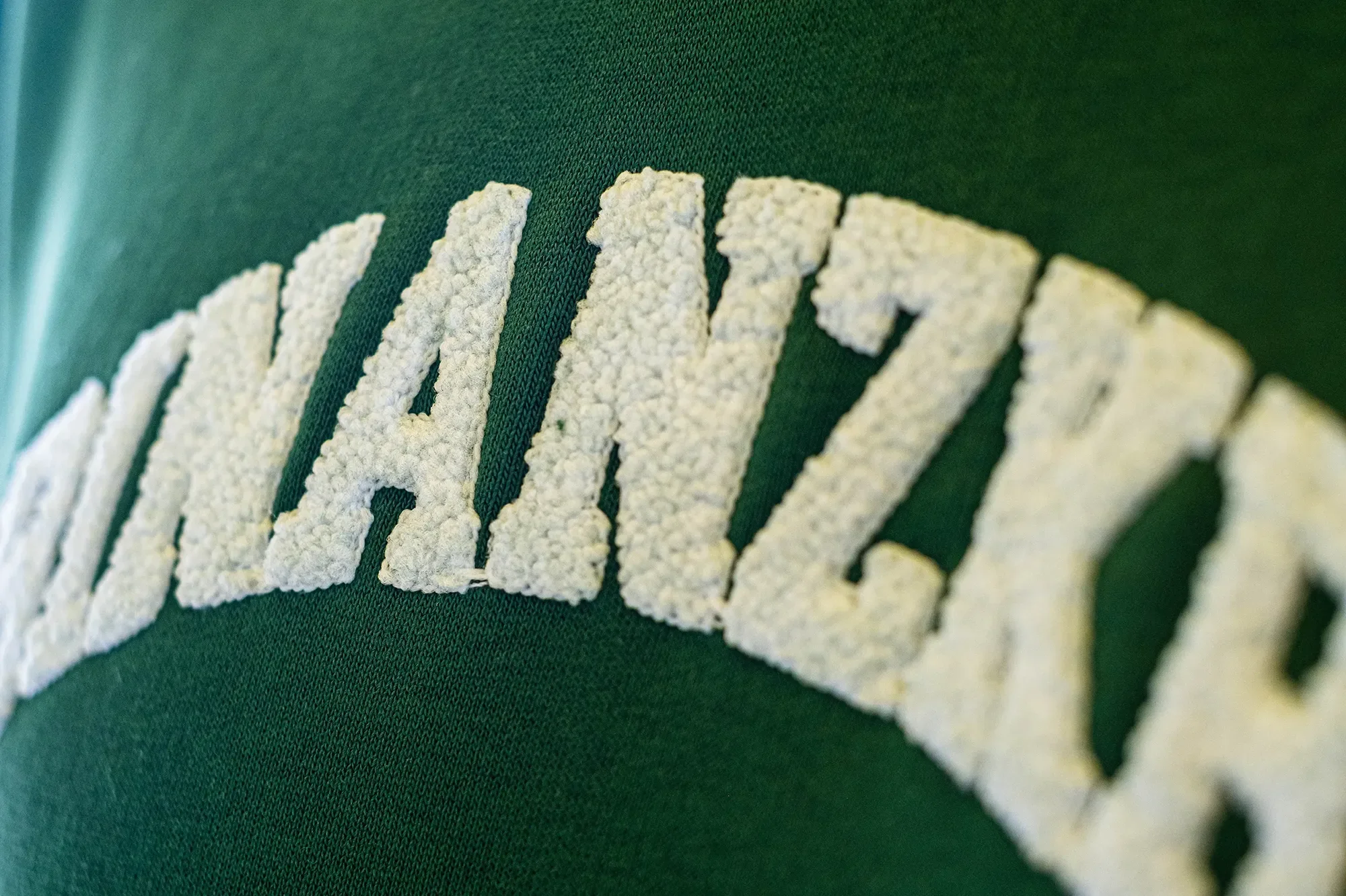 Nahaufnahme eines grünen Textil-Materials mit weißen, handgemachten Buchstaben, die Wort 'VULCAN' bilden.