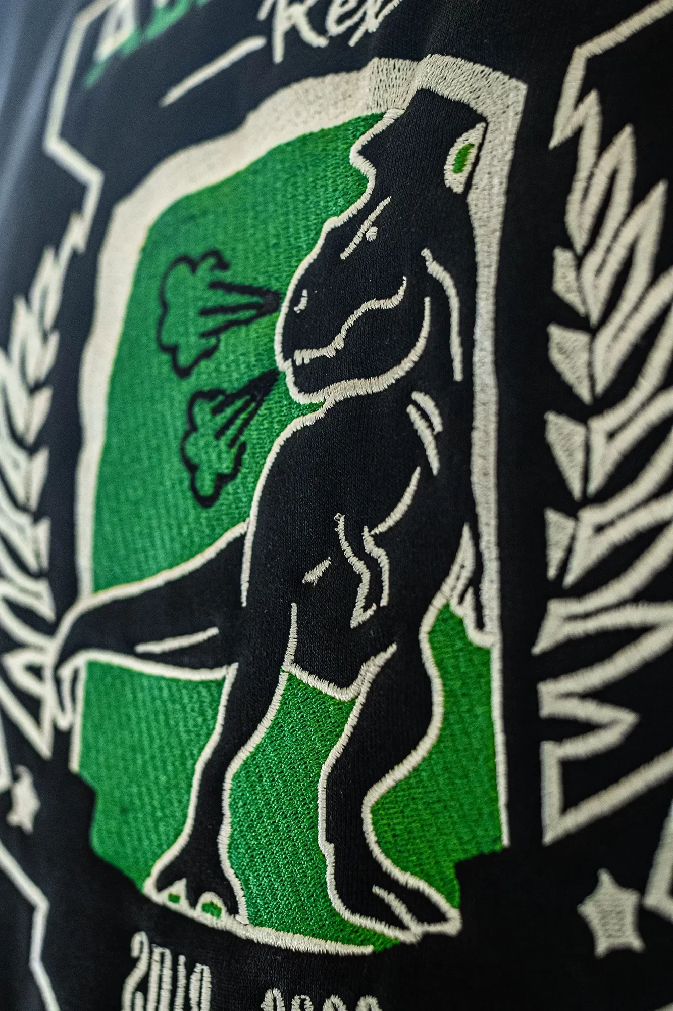 Ein Stoffemblem mit einem schwarzen Löwen, grünem Hintergrund, weißen Umrandungen und Text?