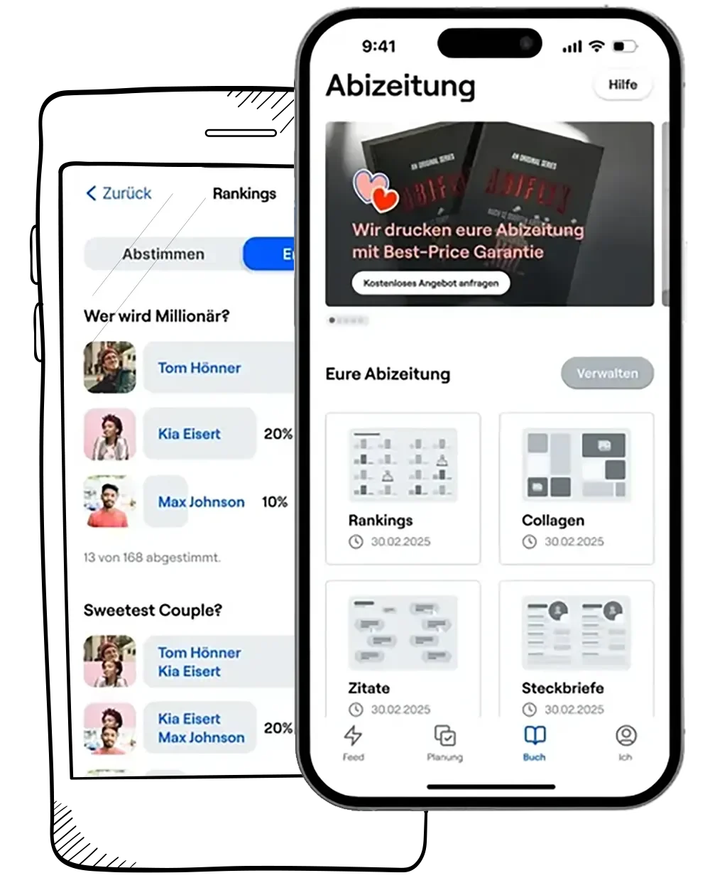 Smartphone-Display zeigt eine App mit der Überschrift 'Abizeitung', die ein Angebot für die Druckerei einer Abschlusszeitung bewirbt, und verschiedene Funktionen sowie Umfragen und Ranking-Optionen.