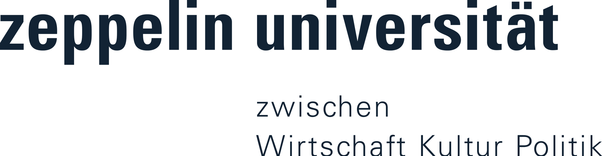Das Bild zeigt den Schriftzug 'Zeppelin Universität' und darunter die Wörter 'Wirtschaft Kultur Politik' in verschiedenen Schriftgrößen und -farben.