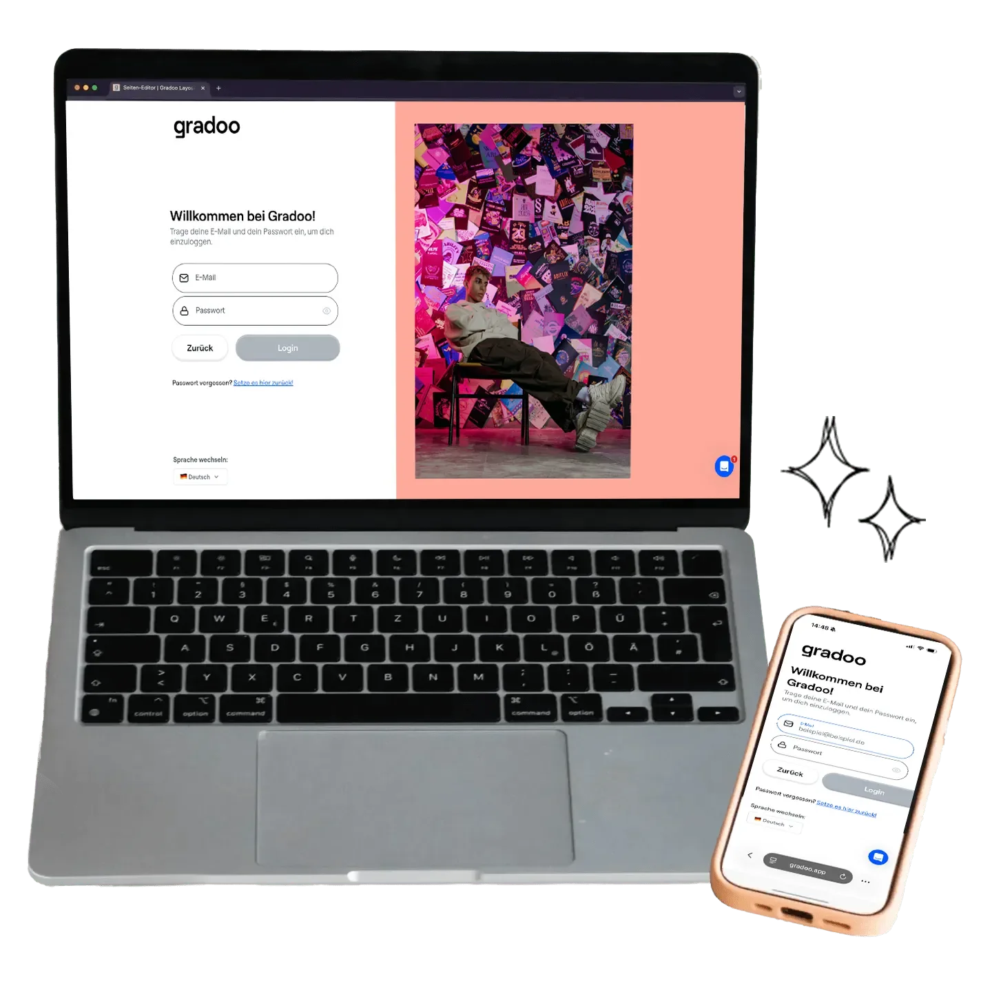 Ein MacBook-Laptop und ein iPhone, die die Login-Seite des Orga-Tool von Gradoo anzeigen, mit einer bunten Hintergrundwand mit vielen Disketten auf dem Bildschirm des Laptops und einem Foto eines jungen Mannes auf dem Bildschirm des Telefons.