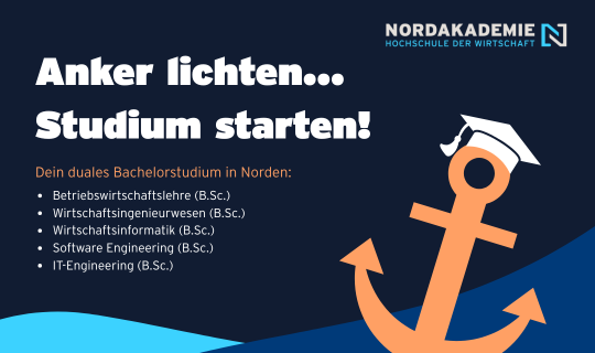 Grafik zur Erklärung von Studienmöglichkeiten an der Nordakademie, Hochschule der Wirtschaft, mit einem Anker, einer Graduierungsmütze und einer Liste der Studiengänge.