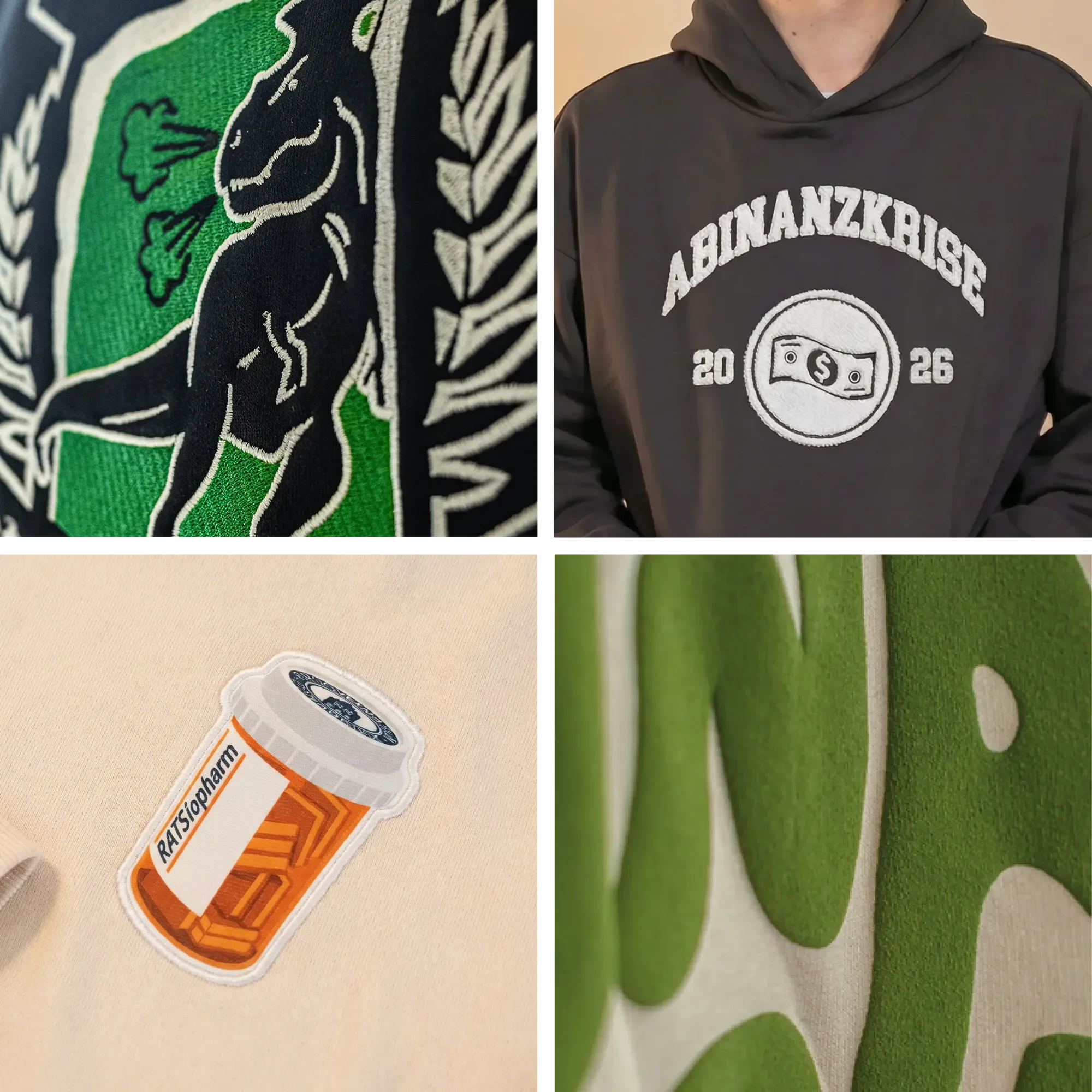Verschiedene Textilbilder mit Logos und Symbolen, darunter ein Aufnäher mit einem Medikamenten-Design und der Text "Ratisopharm", sowie ein Stoff mit grünen und weißen grafischen Elementen.