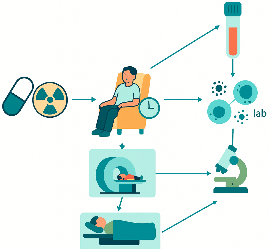 Diagram showing a person receiving medical treatments, including radiation therapy, lab analysis, and MRI scan.