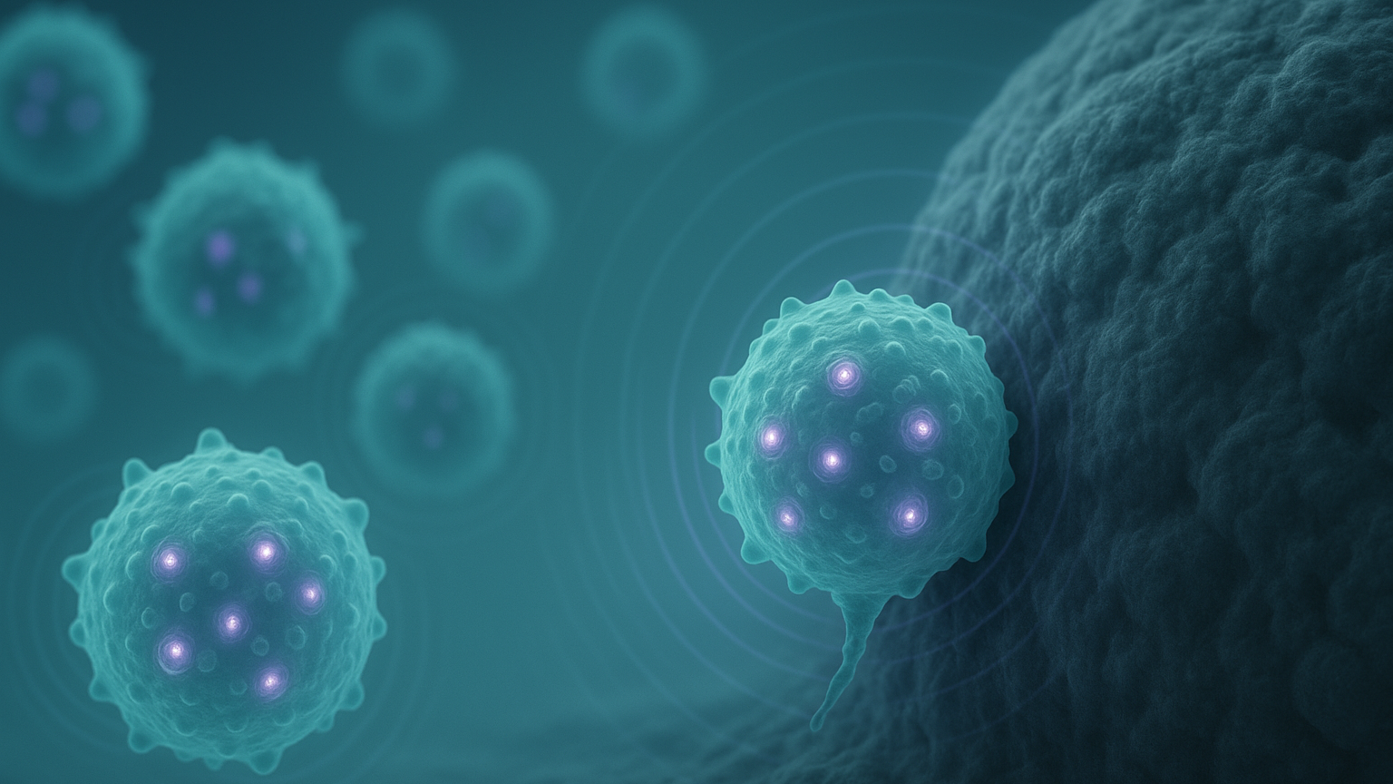 Semi-realistic illustration of T-cells with fluorescent nanoparticles infiltrating a tumour, emitting signals for non-invasive imaging.