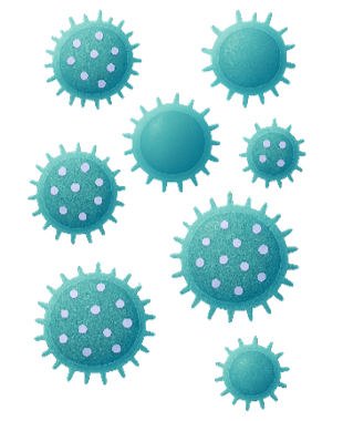 Illustration of various blue and teal virus particles with spiky surfaces and polka dot patterns.