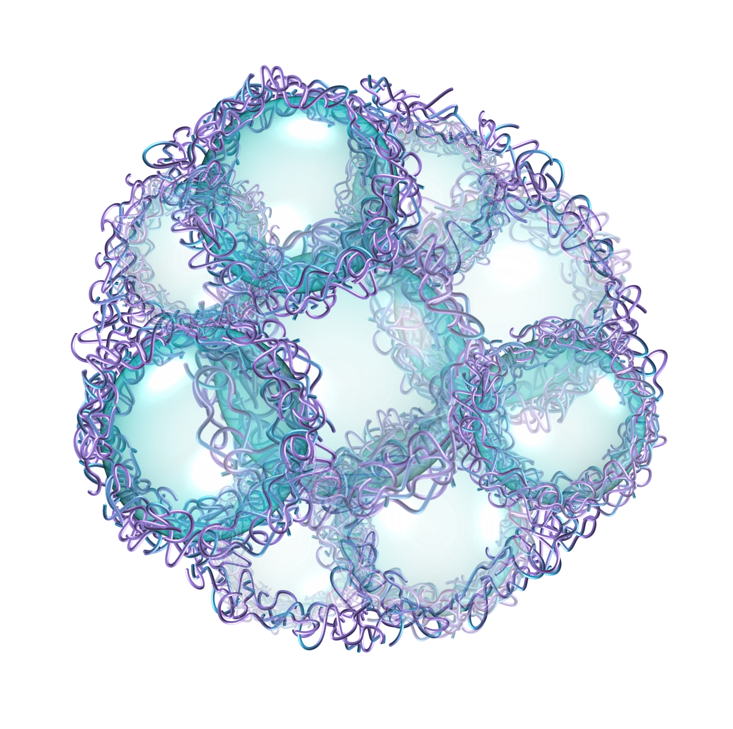 A digital illustration of a smiling face made of interconnected purple and teal lines and shapes.