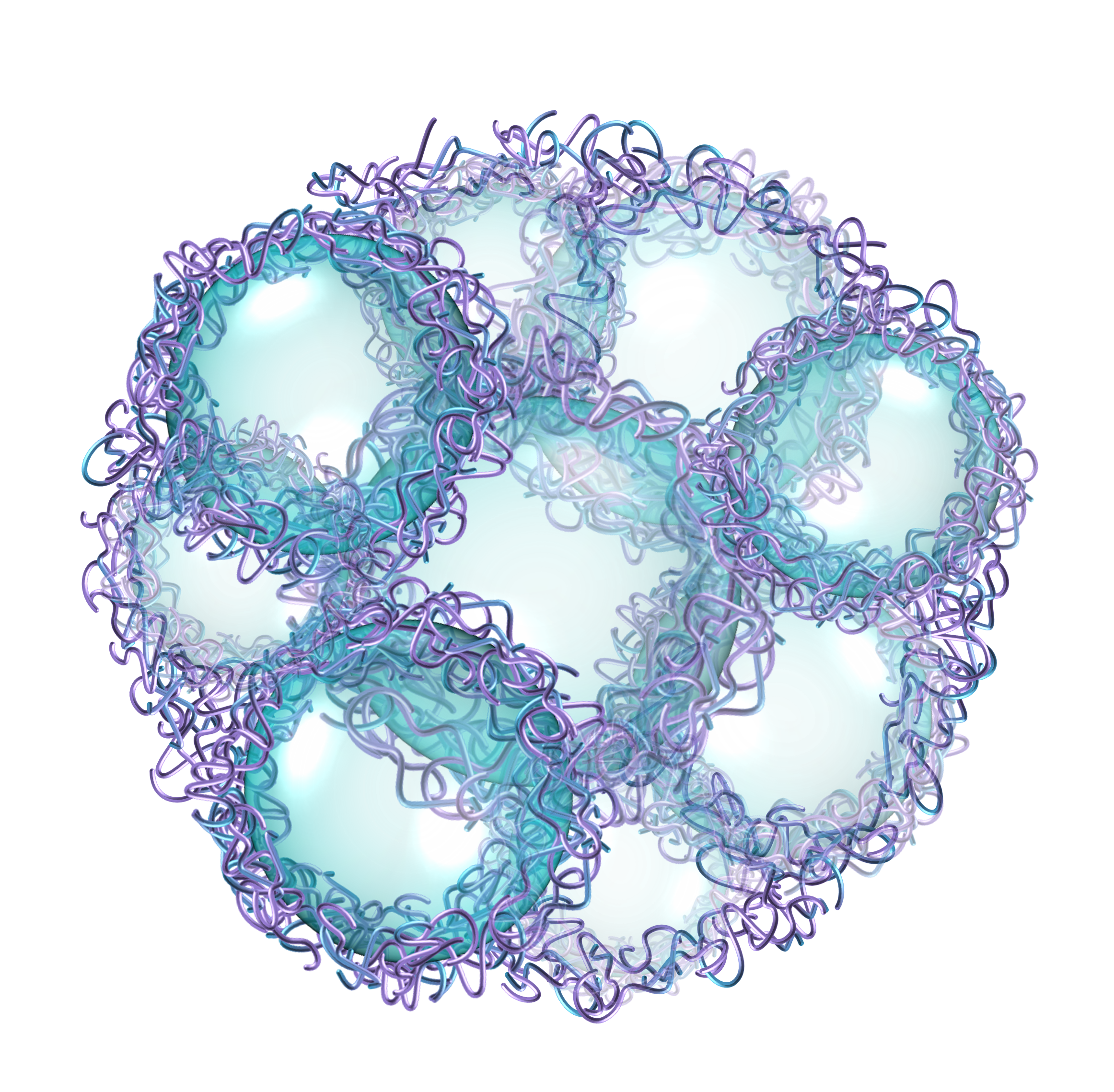 A digital illustration of a virus particle with a spherical structure, light blue core, surrounded by purple and cyan molecular chains.