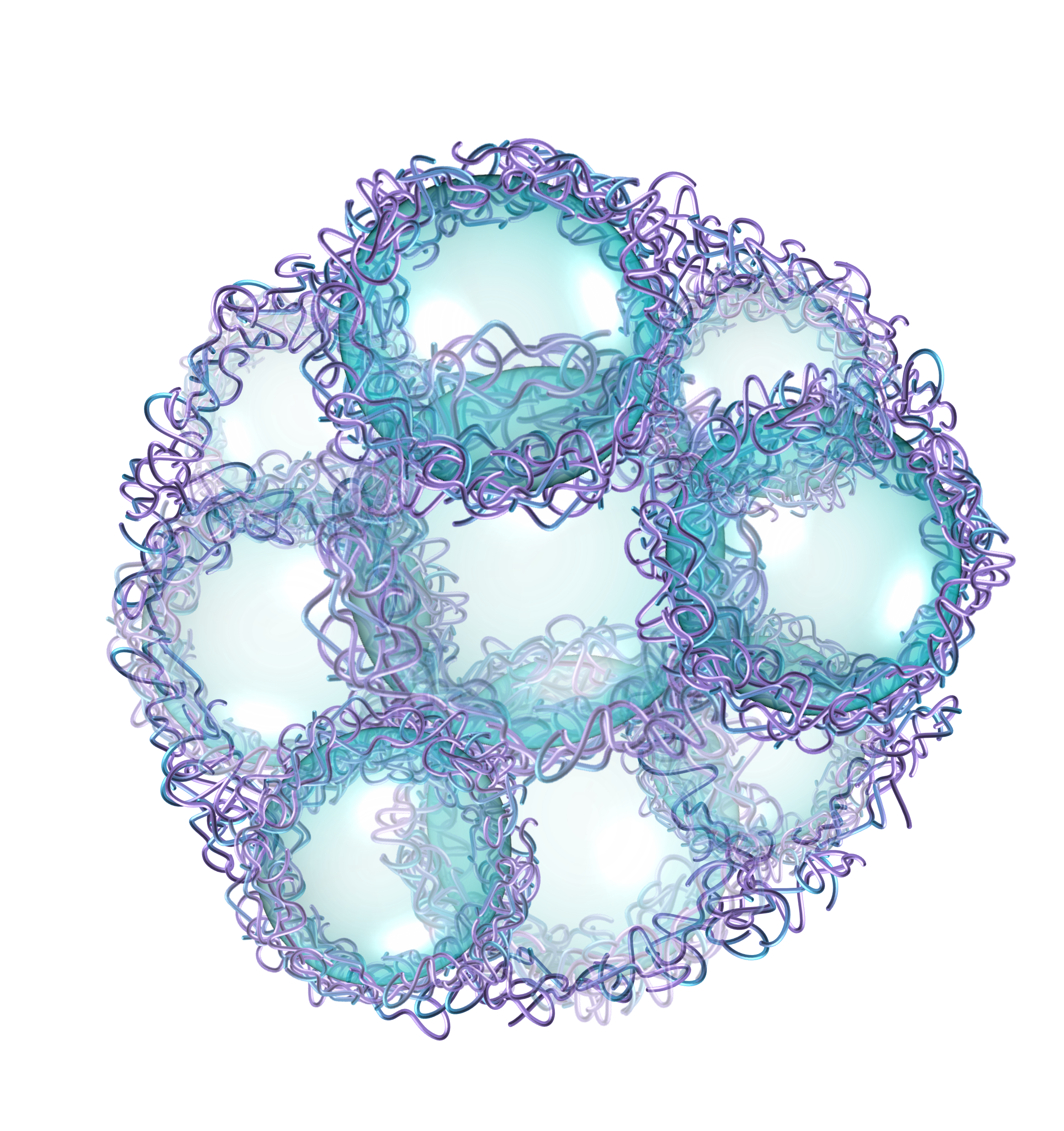 A digital illustration of a virus with a spherical shape, covered in purple protein spikes and a turquoise core.