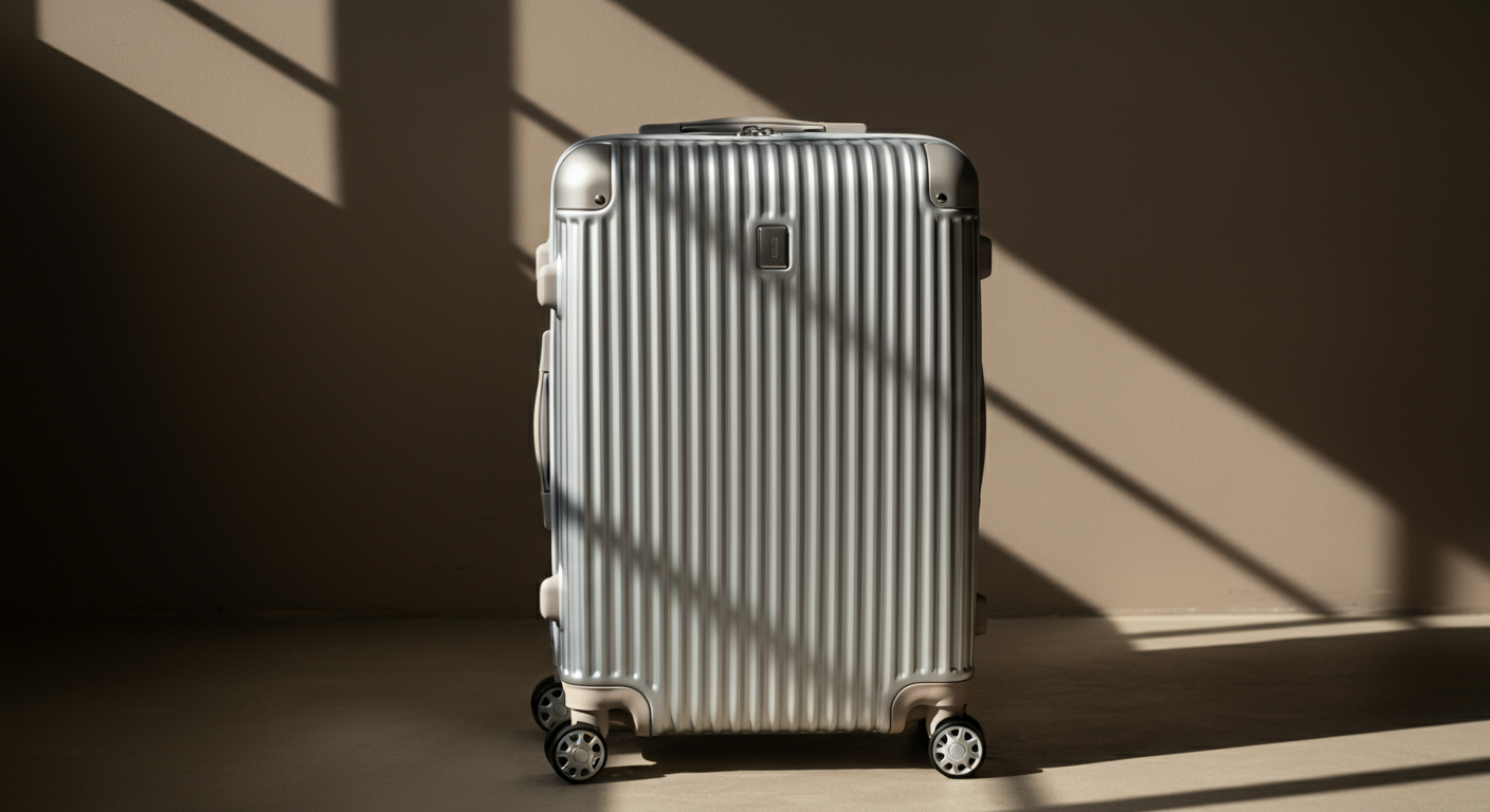 A silver hard-shell suitcase with four wheels standing against a beige wall with shadows from window blinds.