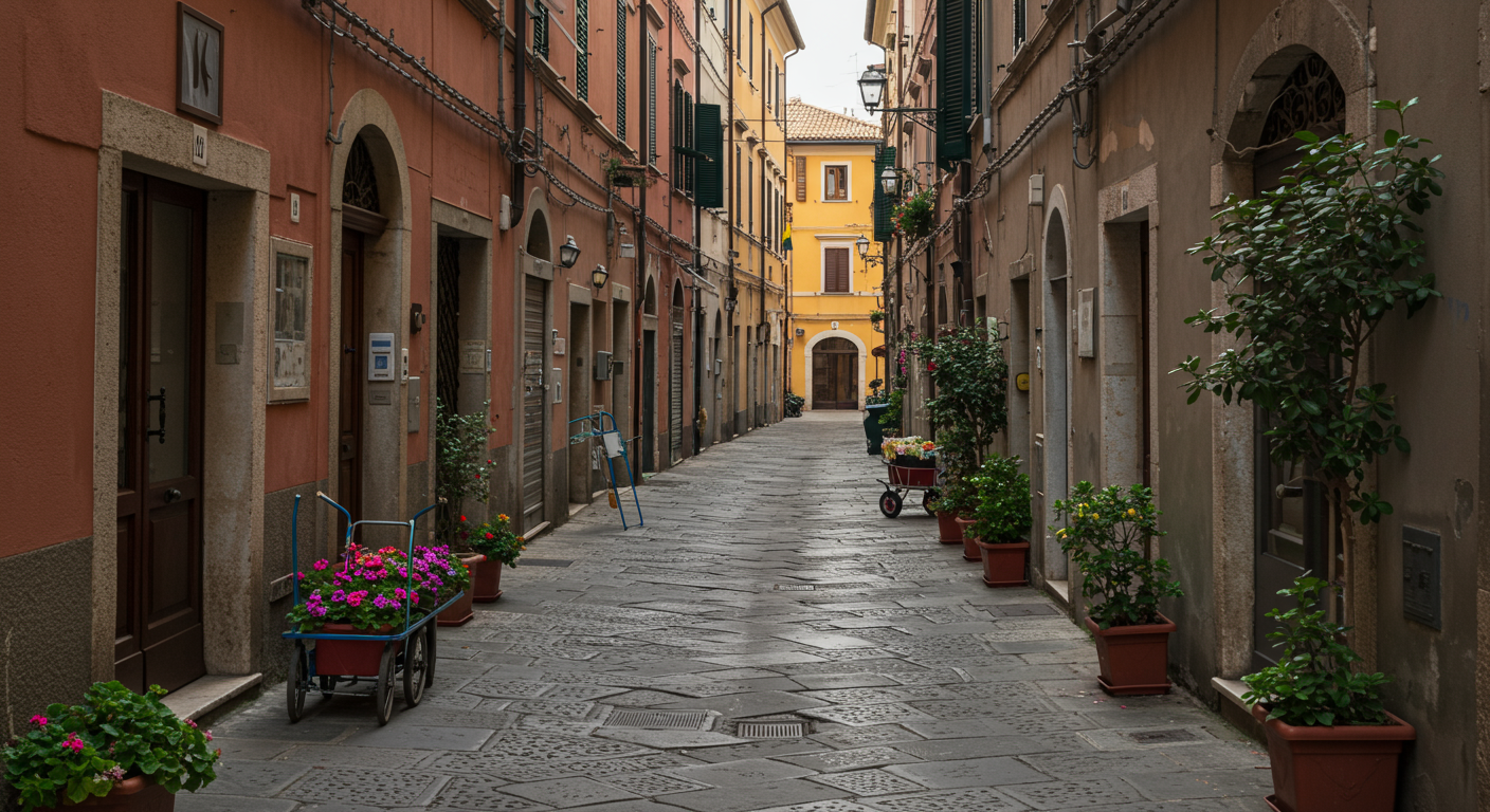 A narrow cobblestone street lined with colorful buildings, potted plants, and flower carts.