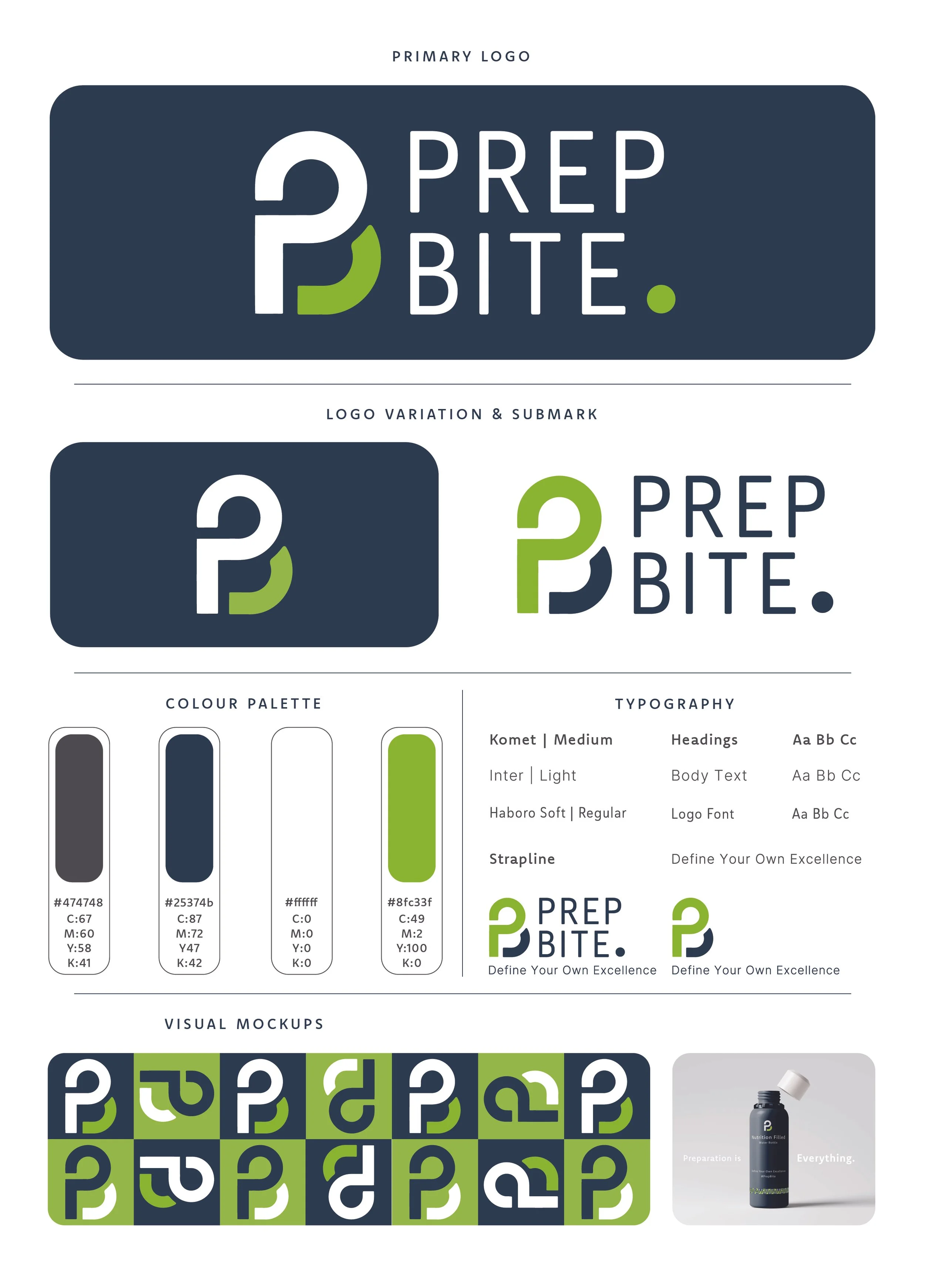 Branding guide for Prepbite, showing logo variations, color palette, typography, mockups, and product bottle, with navy blue and green color schemes.