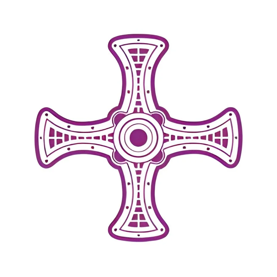 A stylized, purple cross with a concentric circle at the center, featuring intricate lines and patterns within each arm of the cross.