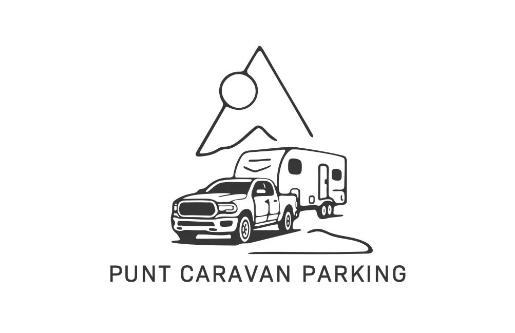 Logo with a mountain, sun, truck, and camper trailer with the text 'PUNT CARAVAN PARKING' underneath.