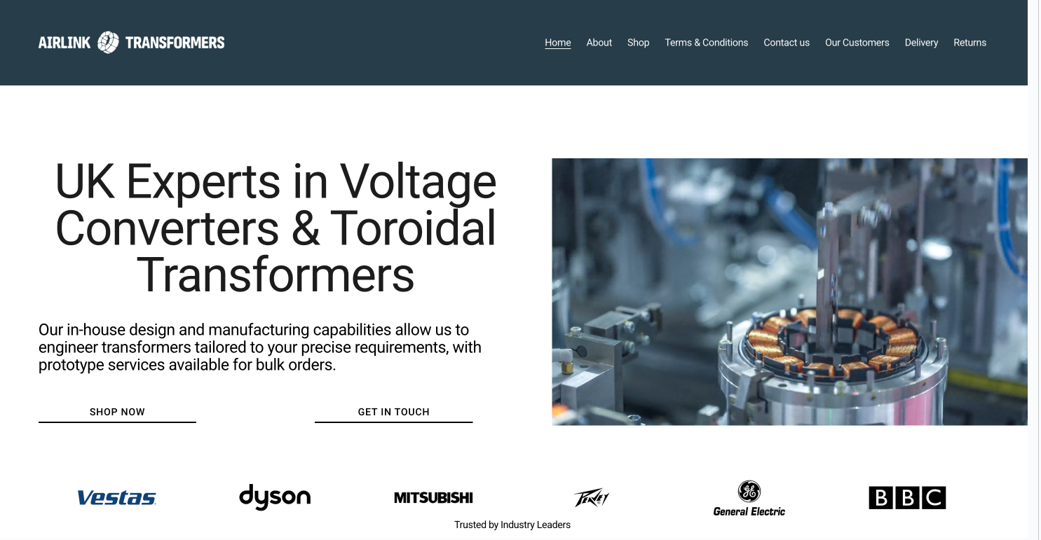 Homepage of Airlink Transformers with company information about voltage converters and toroidal transformers, featuring a large product image and logos of partner brands.