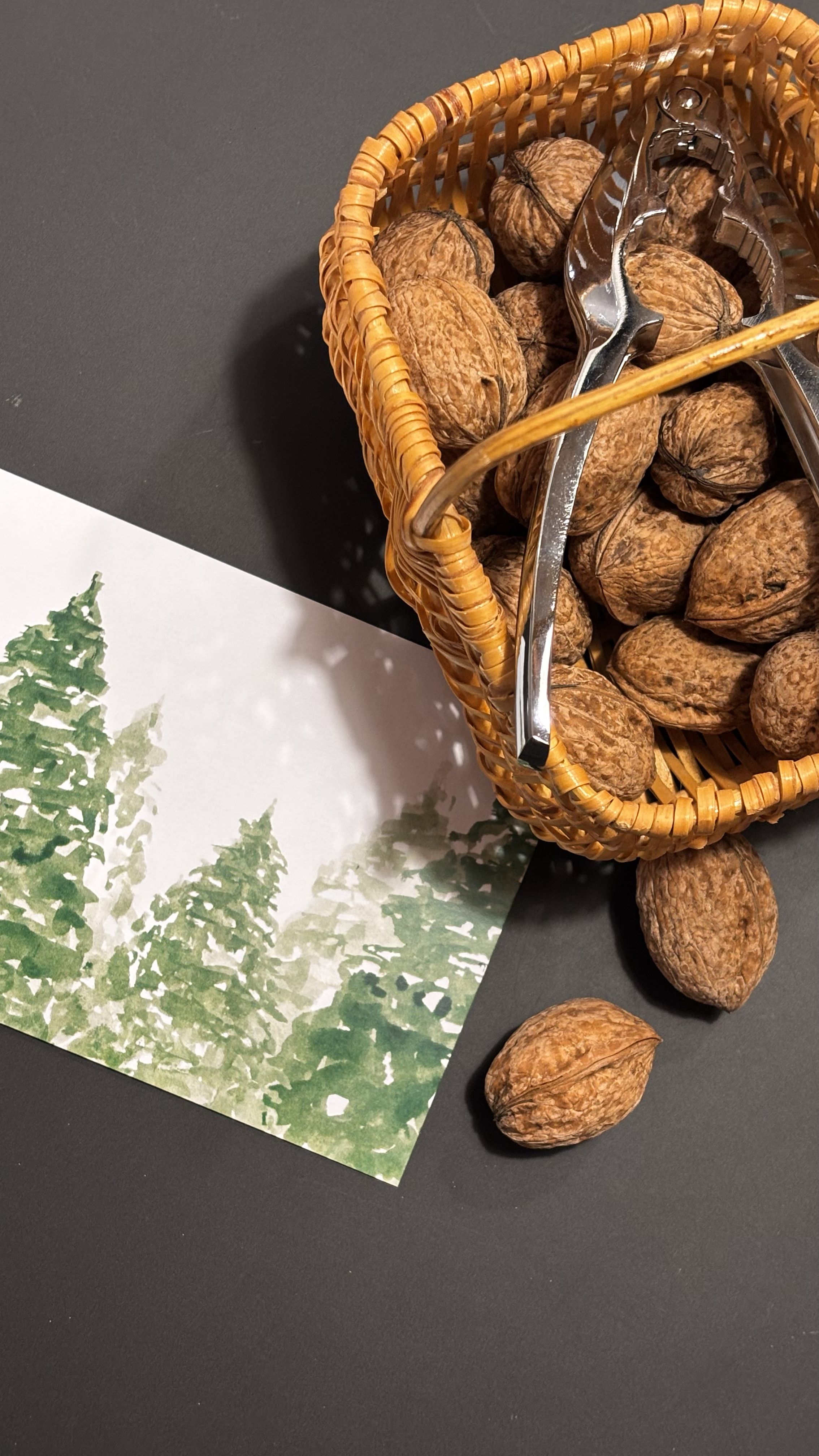 Watercolor hand-painted greeting cards with pine trees for winter. 