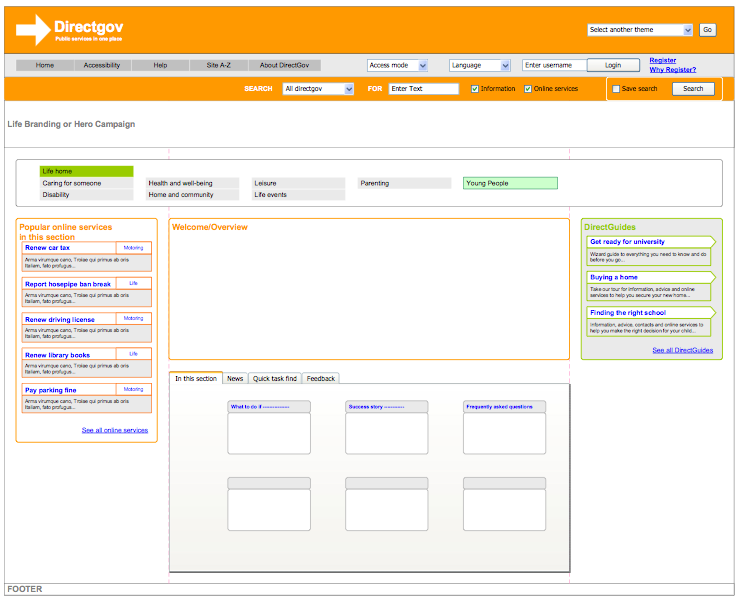 User homepage/dashboard wireframe
