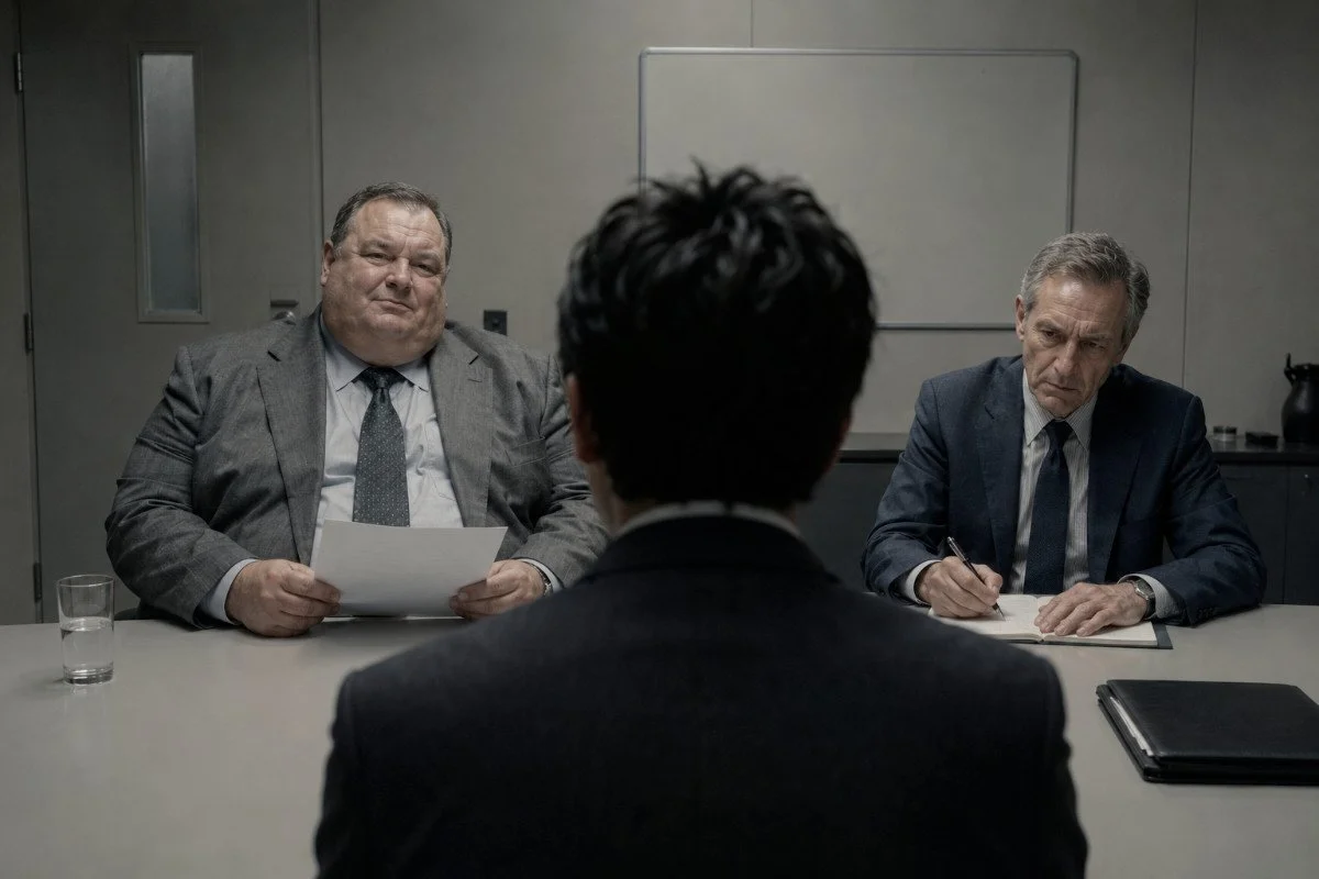 9 DOWNSTAIRS 
Unit bosses Grieve and Staff interrogate Walker about a typo in his email. 