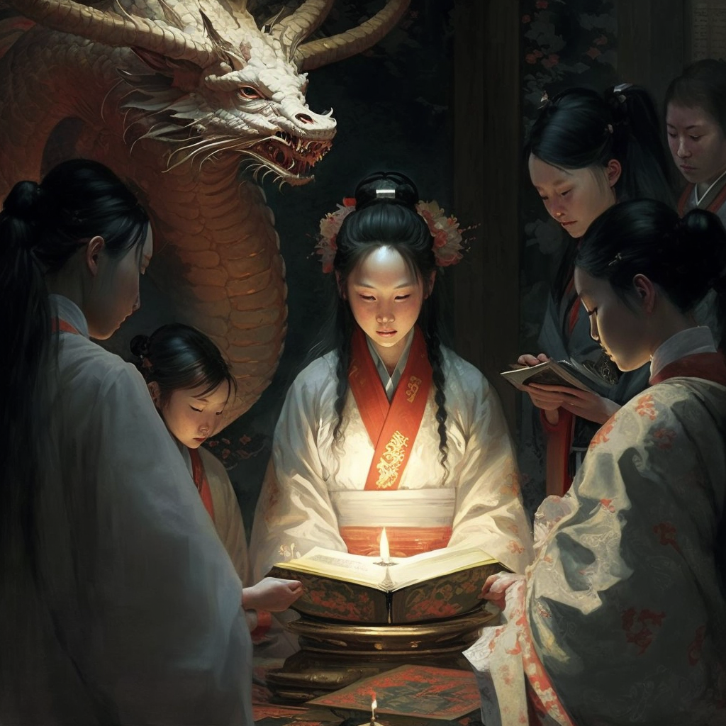 nizami13_an_all-woman_shinto_cult_receiving_a_vision_of_the_dra_5b5b13a5-9f30-4616-b612-1e483db6530c.png