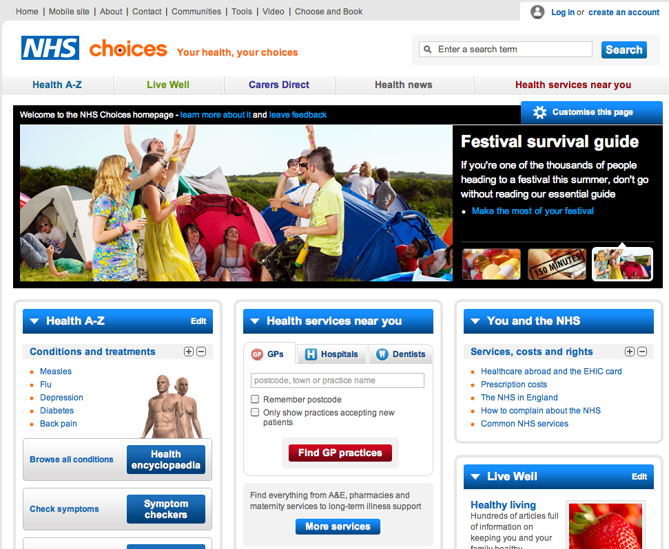 Site homepage prototype for goal-finding and usability testing.