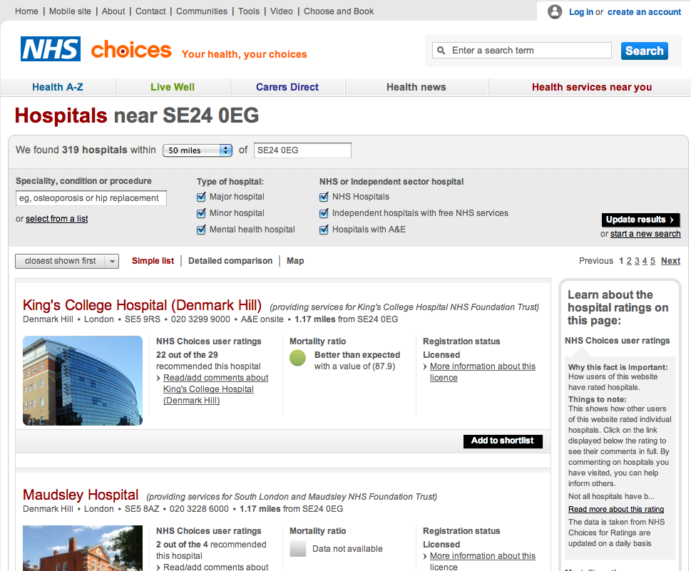 Prototype search results showing mortality rate single indicator hospital rating.  
