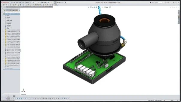 3D CAD model of an airflow device and circuit board assembly.