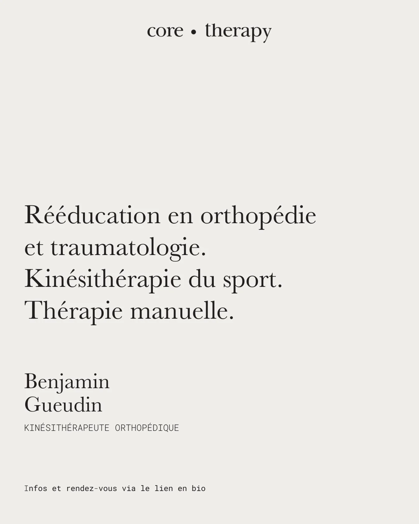 Soulager la douleur. Restaurer le mouvement. Retrouver ses capacit&eacute;s.

Chez Core Therapy, Benjamin Gueudin propose une prise en charge personnalis&eacute;e associant r&eacute;&eacute;ducation en orthop&eacute;die et traumatologie, kin&eacute;s
