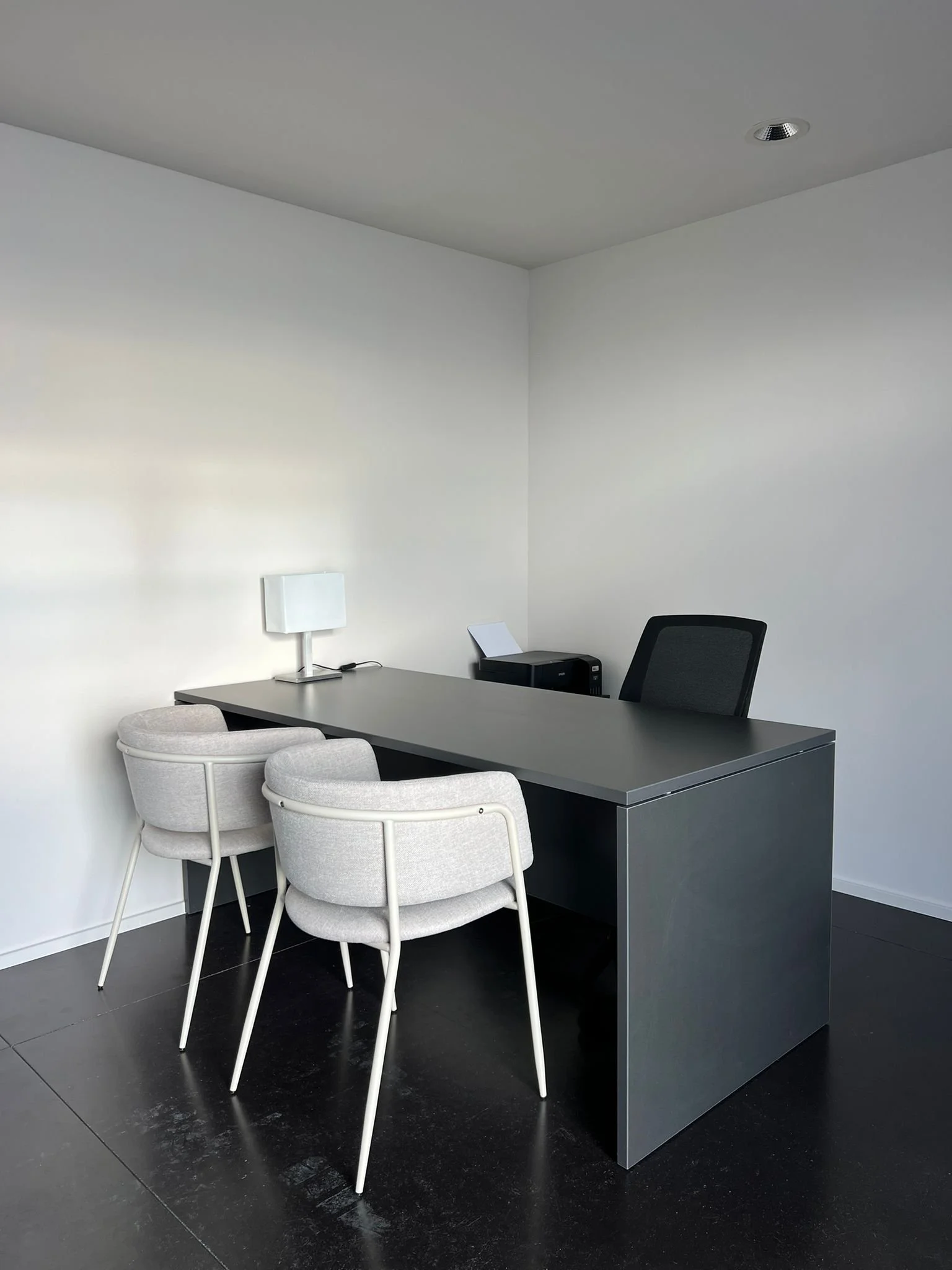 Bureau minimaliste avec deux chaises en velours gris clair, une chaise de bureau noire, un ordinateur portable, une lampe de bureau blanche, une imprimante et une pièce dans une salle blanche et noire moderne.