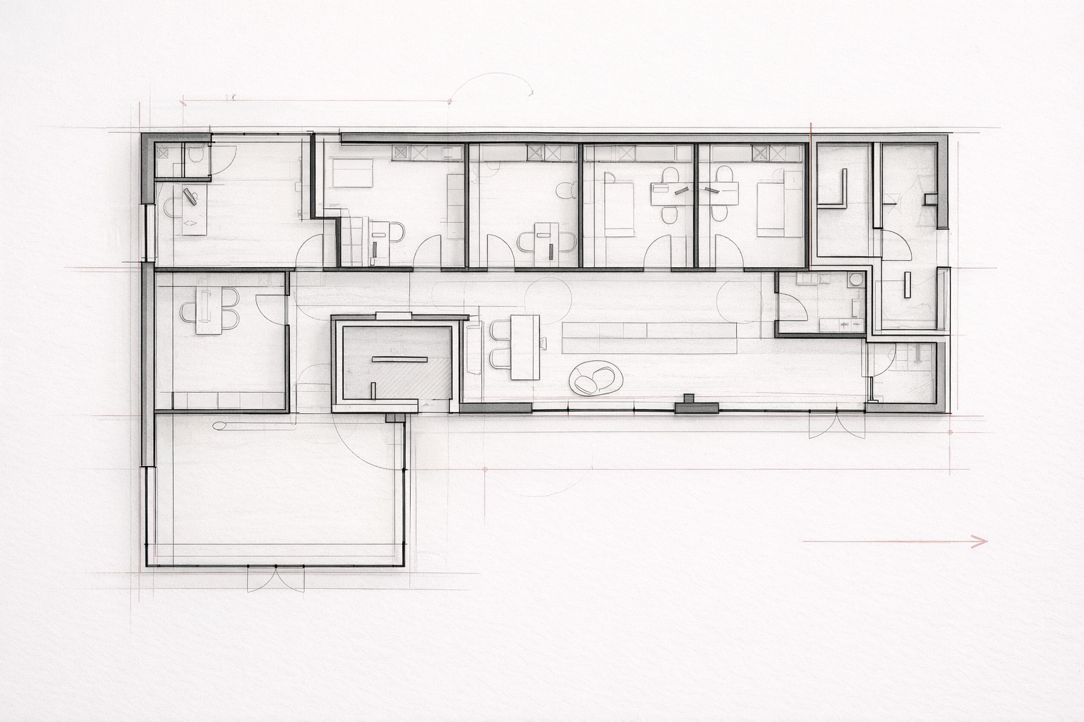 Intérieur minimaliste avec un lit d'appoint, une étagère avec des marches blanches, un miroir, une vasque avec un robinet, et des décorations blanches