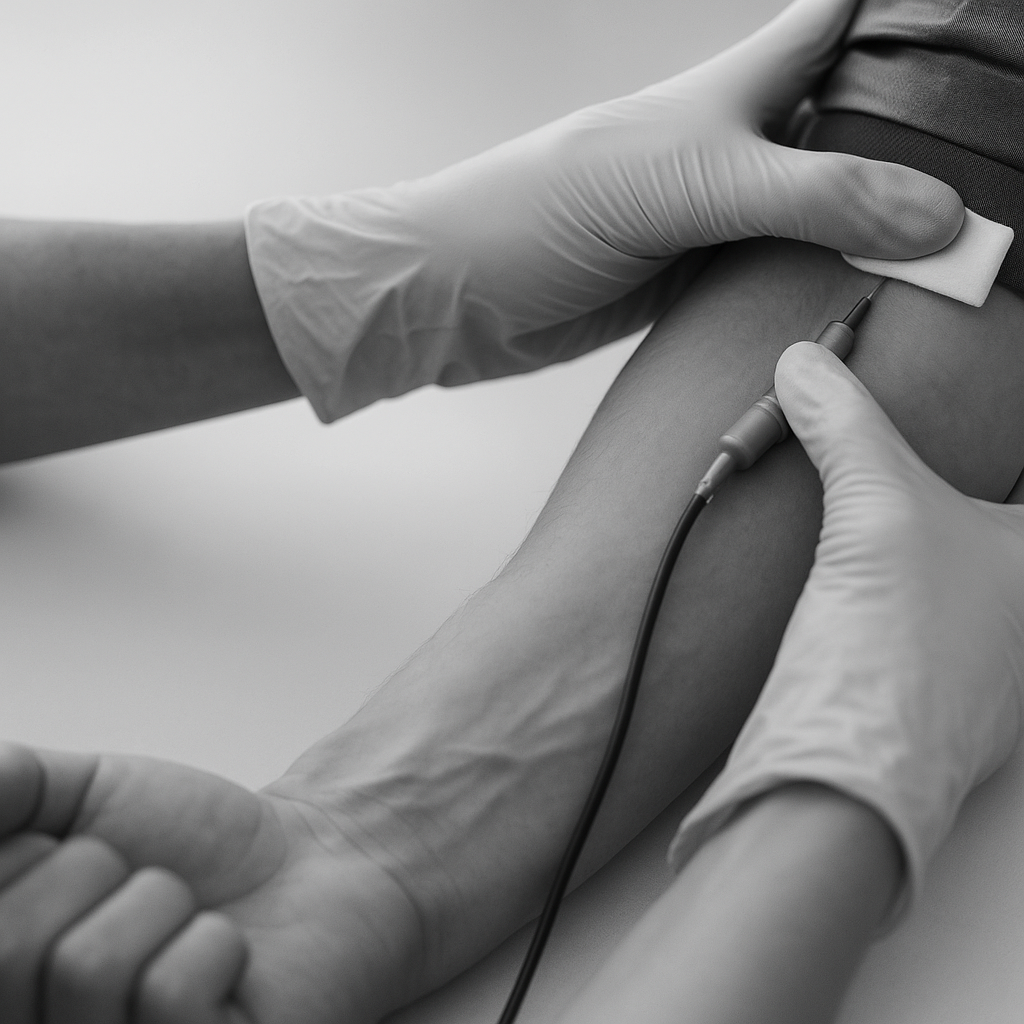 Une personne reçoit une injection ou une prise de sang dans le bras, accompagnée par un professionnel médical portant des gants.