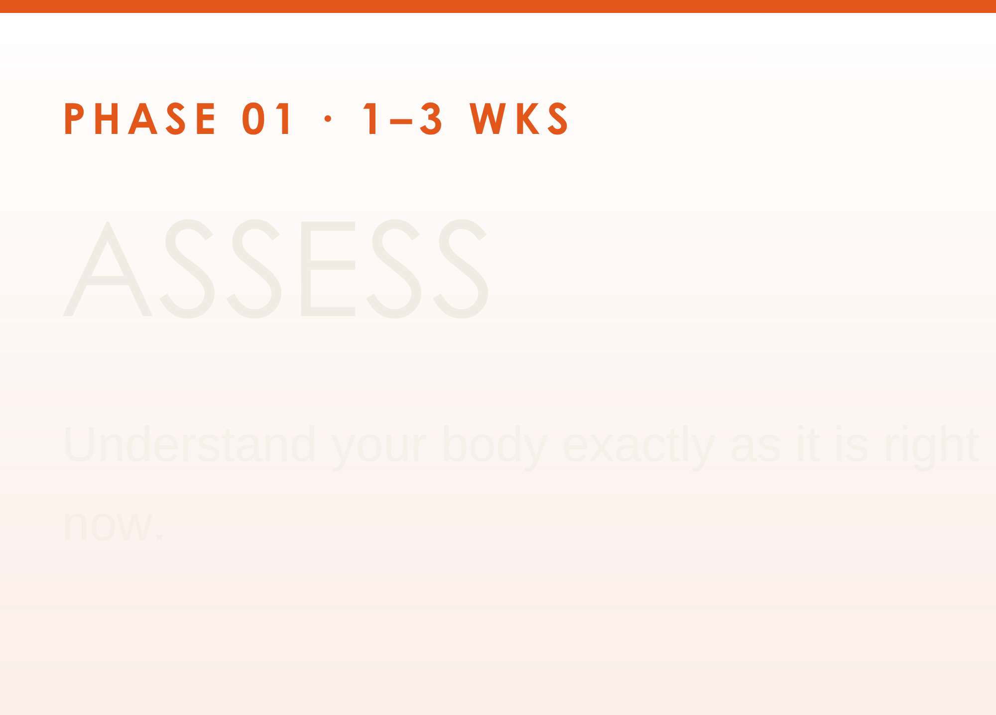 Text on a background with a gradient of orange shades, reading 'PHASE 01 1-3 WKS' and 'ASSESS' in large white letters. A partial sentence at the bottom says, 'Understand your body exactly as it is right now.'