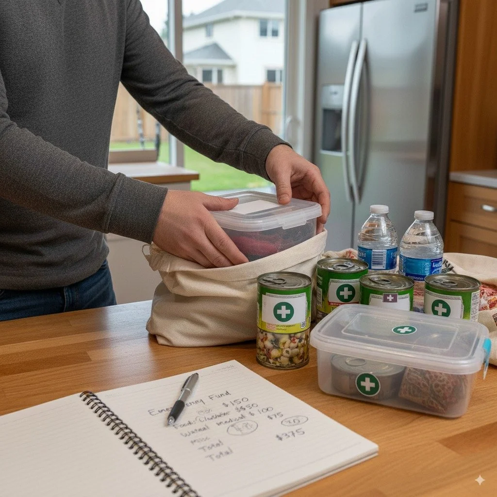 Budget-conscious emergency preparedness supplies organized on counter with calculator showing affordable prepping planning