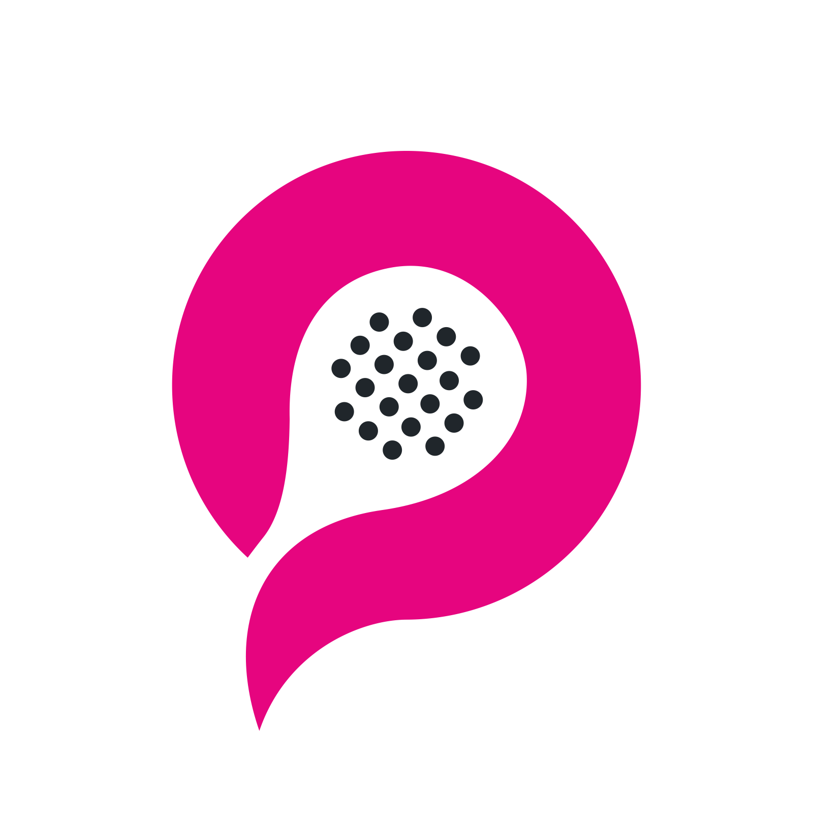 A stylized pink and black graphic of a question mark, with a pattern of small black dots in the middle.