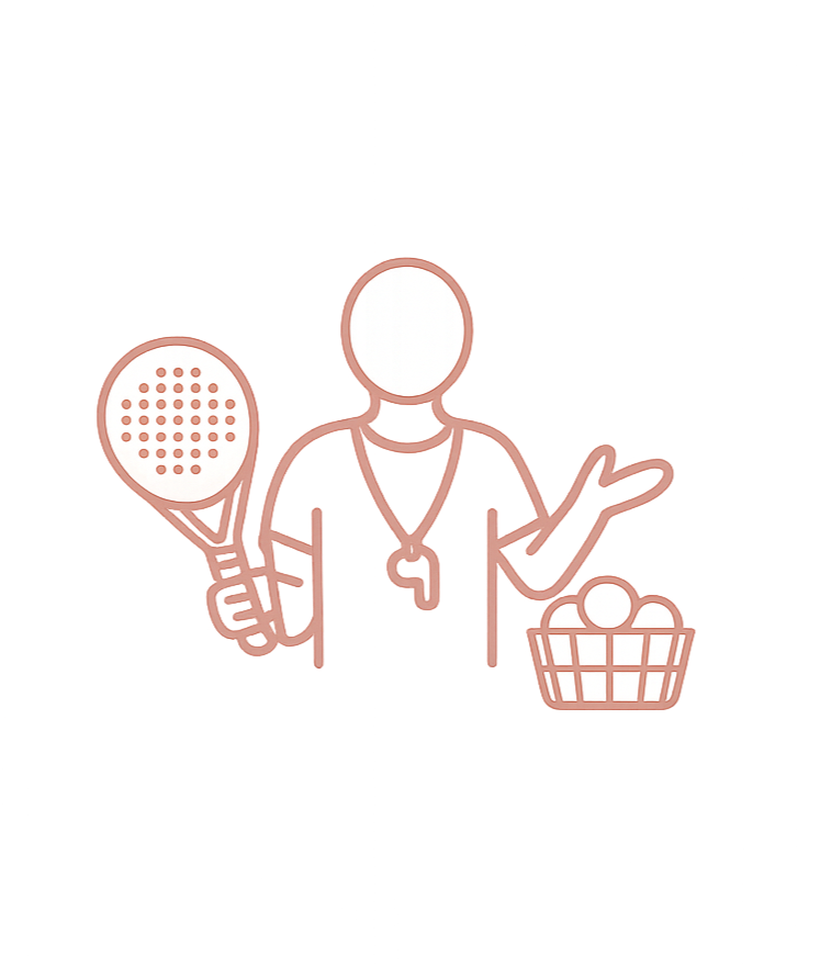 Outline illustration of a person holding a tennis racket in one hand and a basket of tennis balls in the other, with a whistle hanging around their neck.