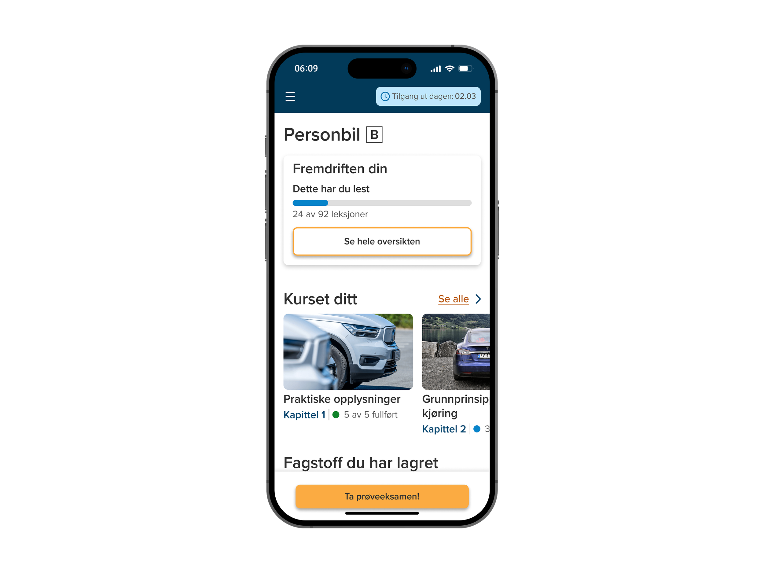 Mobil som viser hjemmesiden til personbil kurset