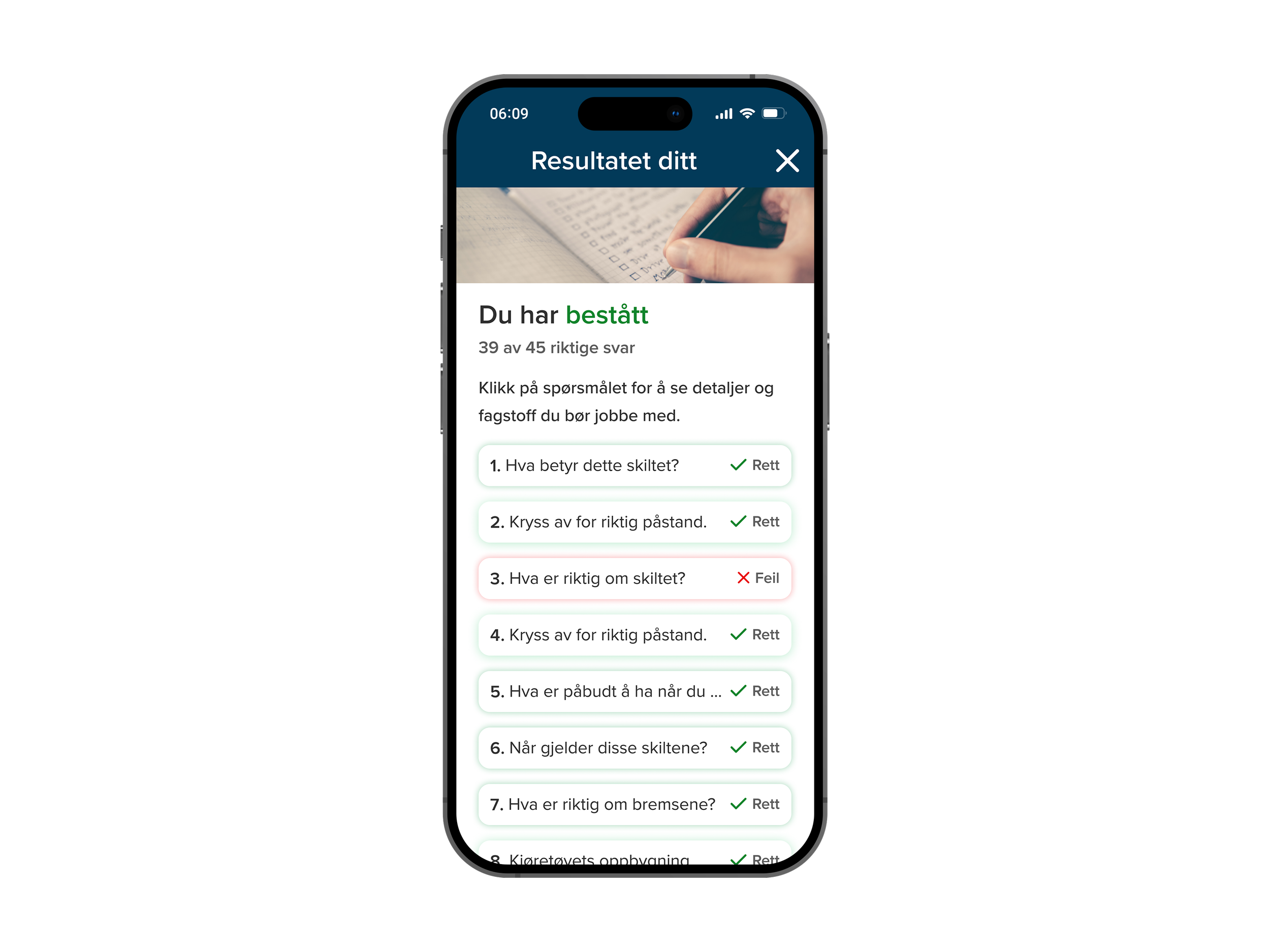 Mobil som viser resultatsiden for prøveeksamen