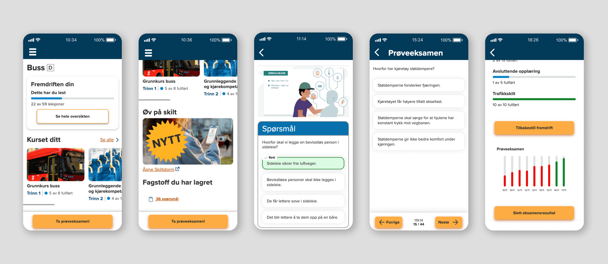 Bilder fra appen som viser kursoversikten, Skiltstorm, prøveeksamen og fremdrift