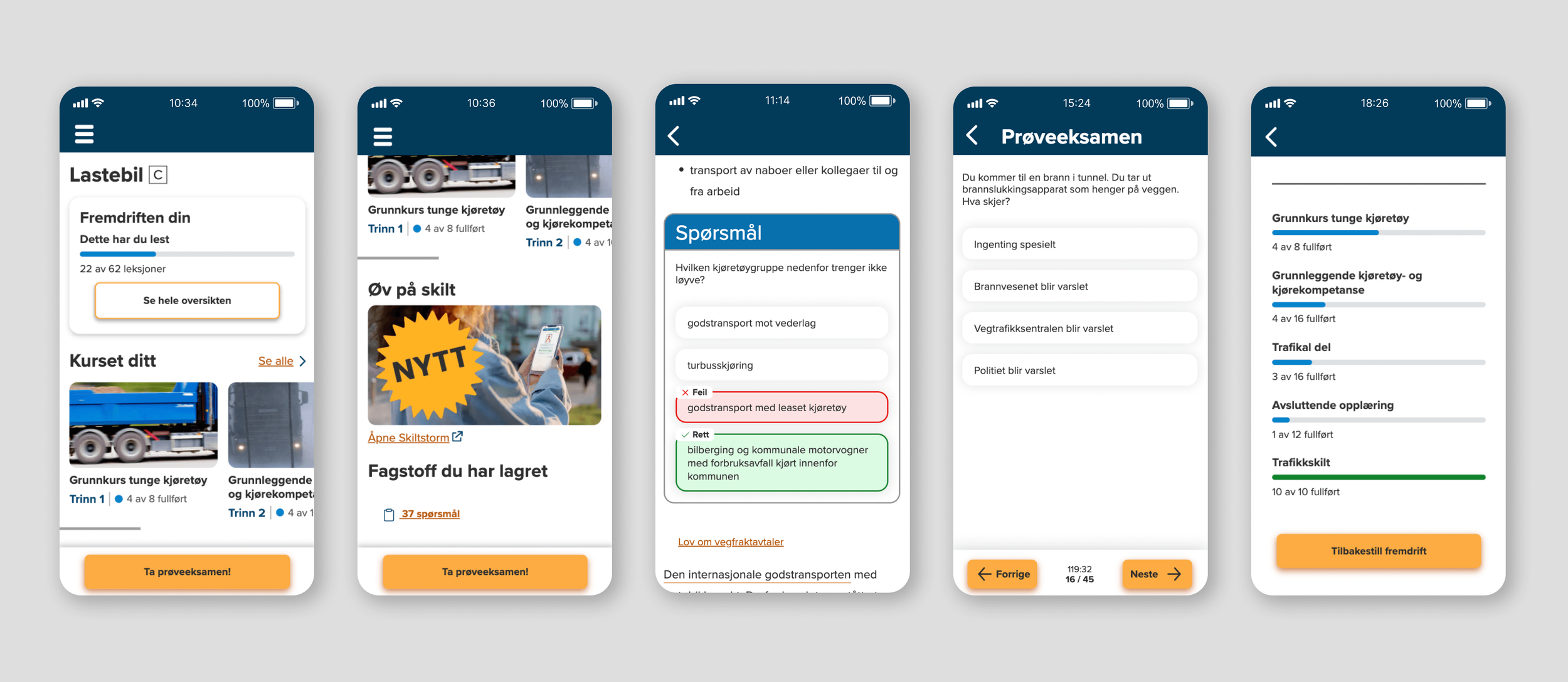 Bilder fra appen som viser kursoversikten, Skiltstorm, prøveeksamen og fremdrift
