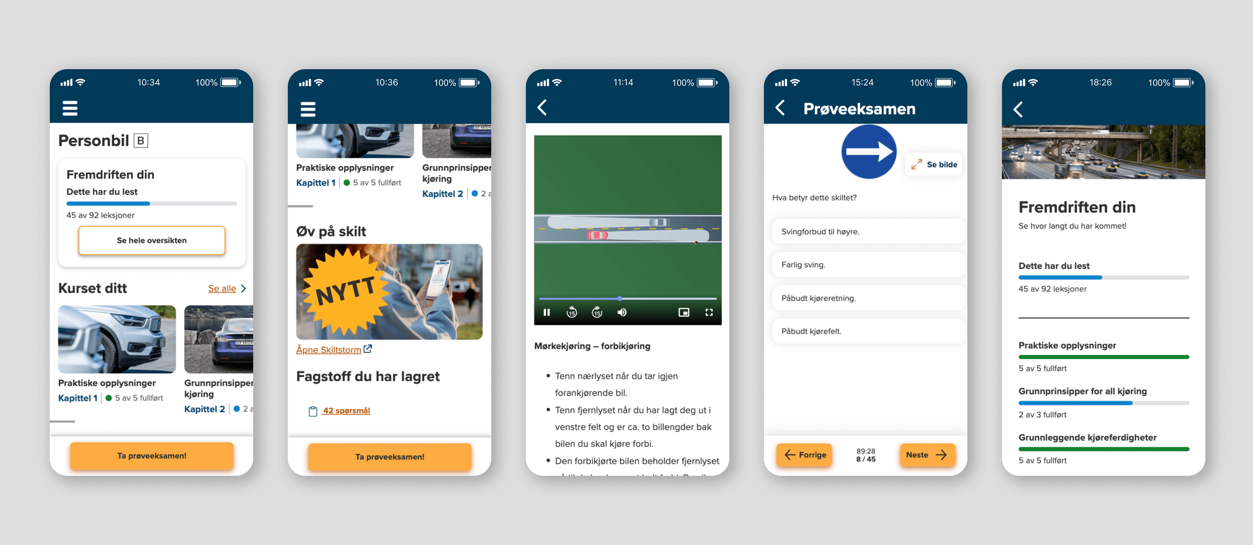Bilder fra appen som viser kursoversikten, Skiltstorm, prøveeksamen og fremdrift