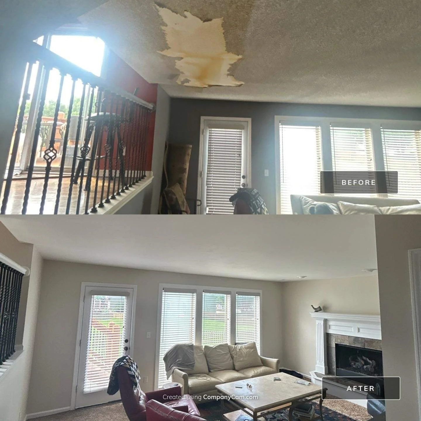 Interior painting before and after — water-stained ceiling repaired and repainted with fresh neutral walls by EverPro Painting, Kansas City