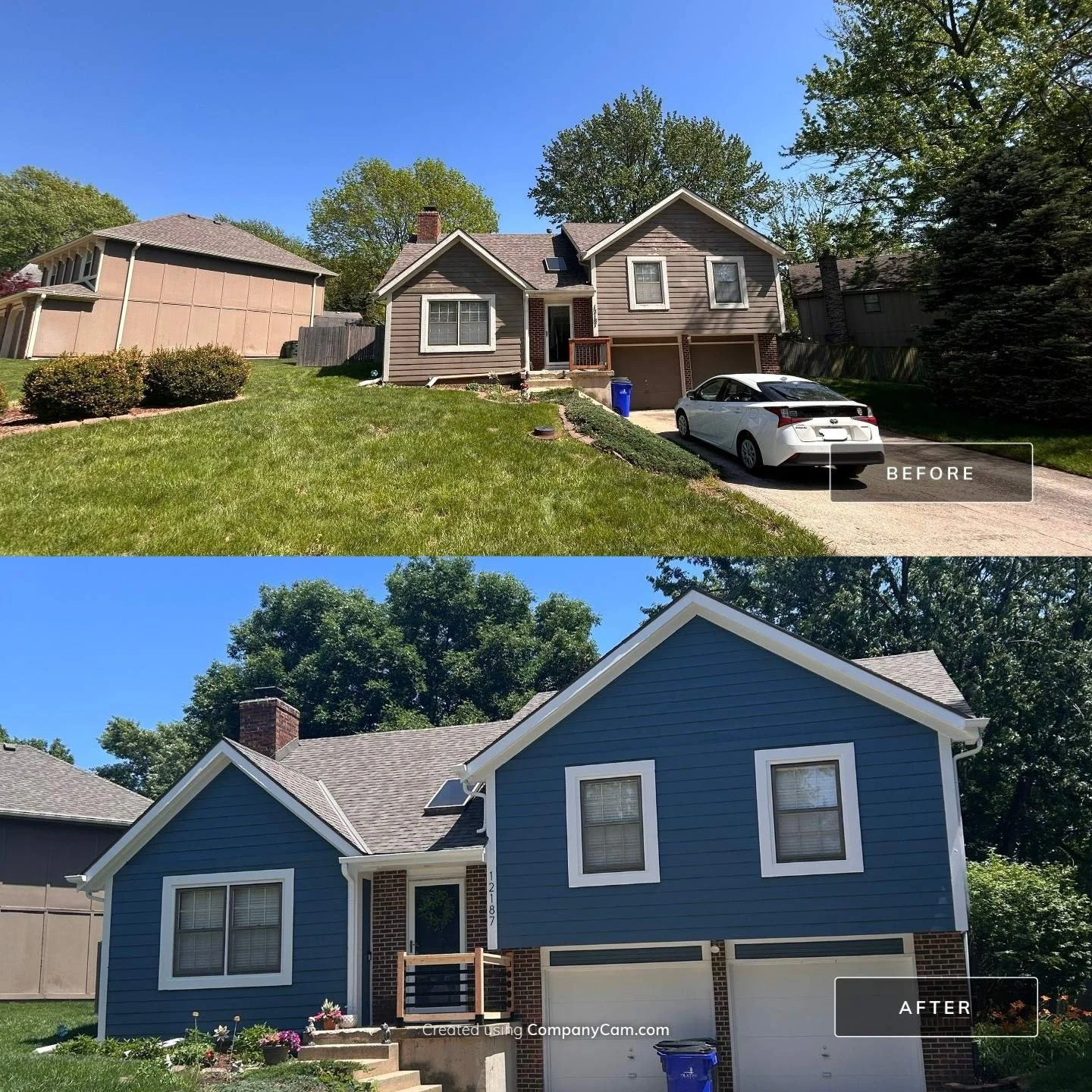 Exterior painting before and after — weathered tan siding transformed to a bold blue with white trim by EverPro Painting, Kansas City metro