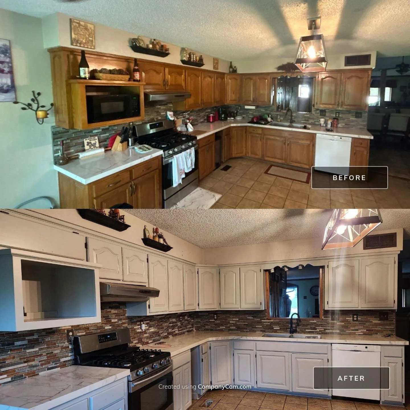 Cabinet refinishing before and after — golden oak kitchen cabinets sprayed to a light modern finish by EverPro Painting, Kansas City