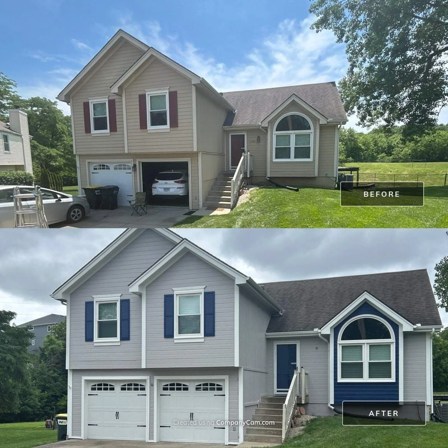 Before and after exterior repaint — beige siding updated to light gray with navy shutters and doors by EverPro Painting, Kansas City