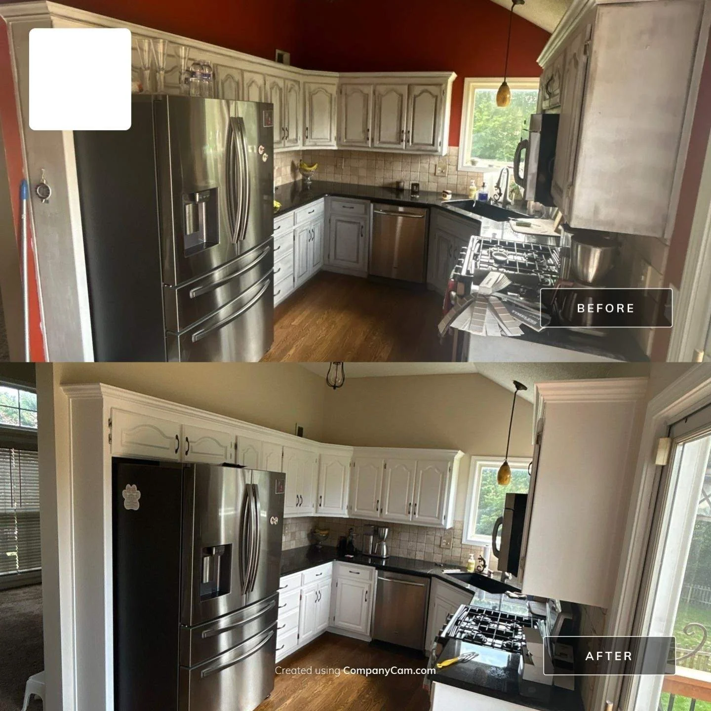 Kitchen cabinet painting before and after in Kansas City — dated cabinets refinished to a smooth white enamel by EverPro Painting