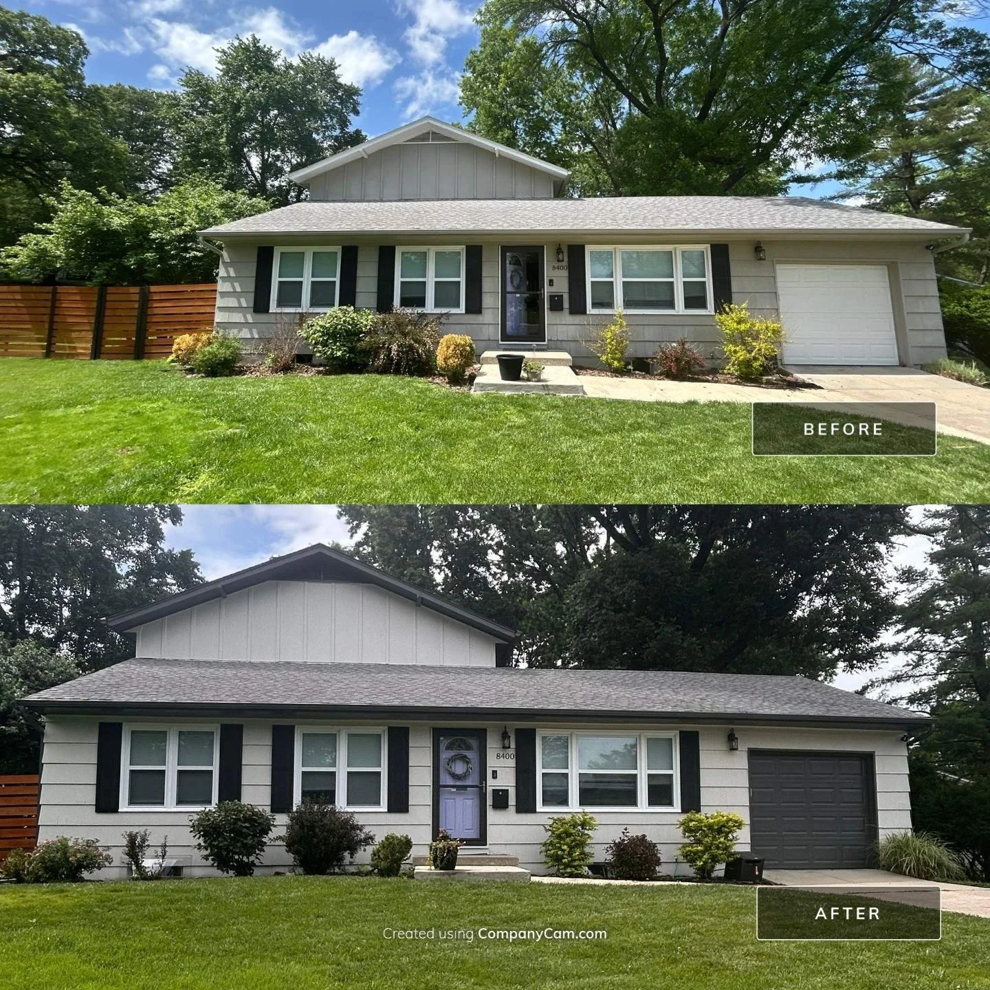 Ranch home exterior repaint before and after — refreshed siding, trim, and garage door by EverPro Painting, Kansas City house painters