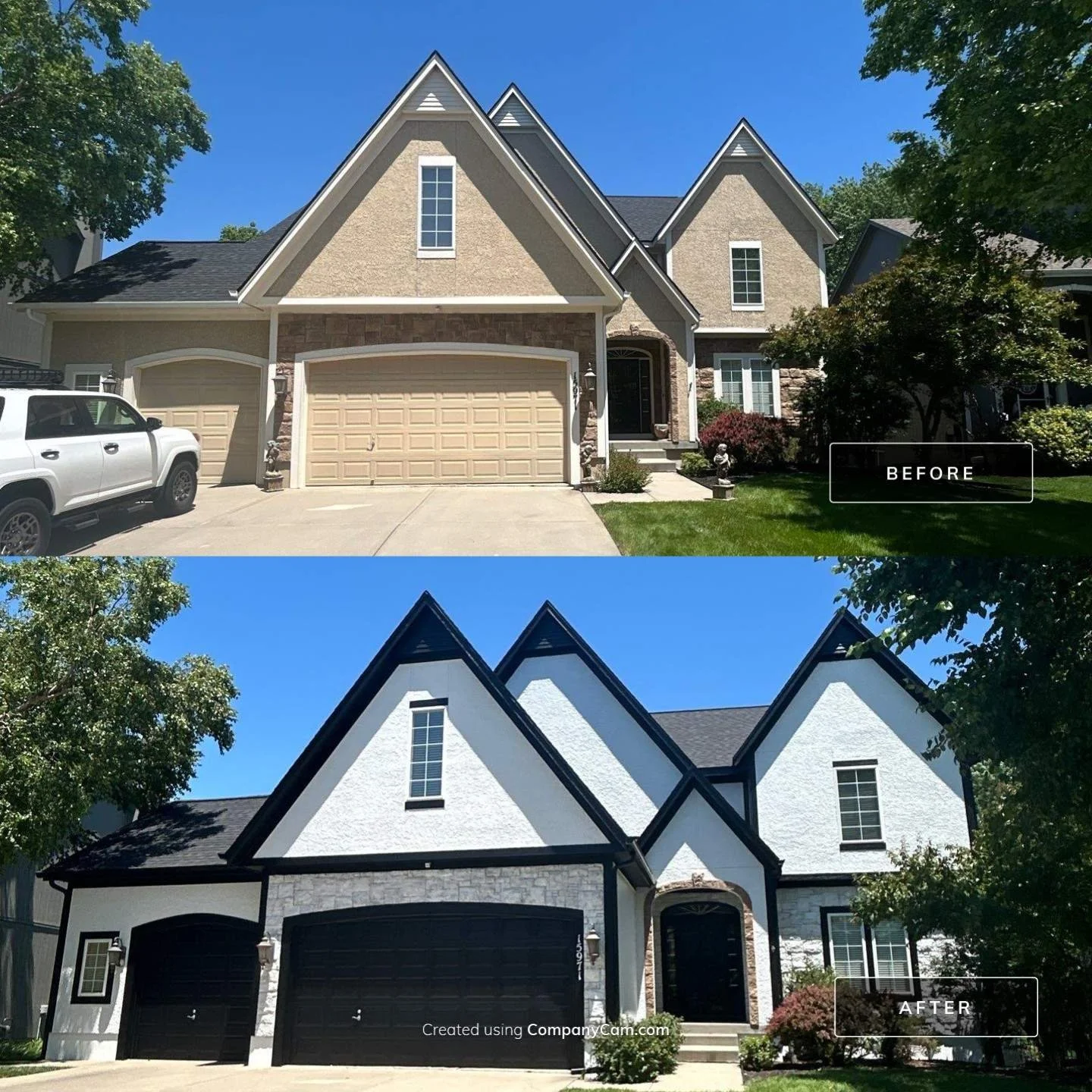 Before and after exterior repaint in the Kansas City metro — dated tan stucco transformed to crisp white with black trim by EverPro Painting