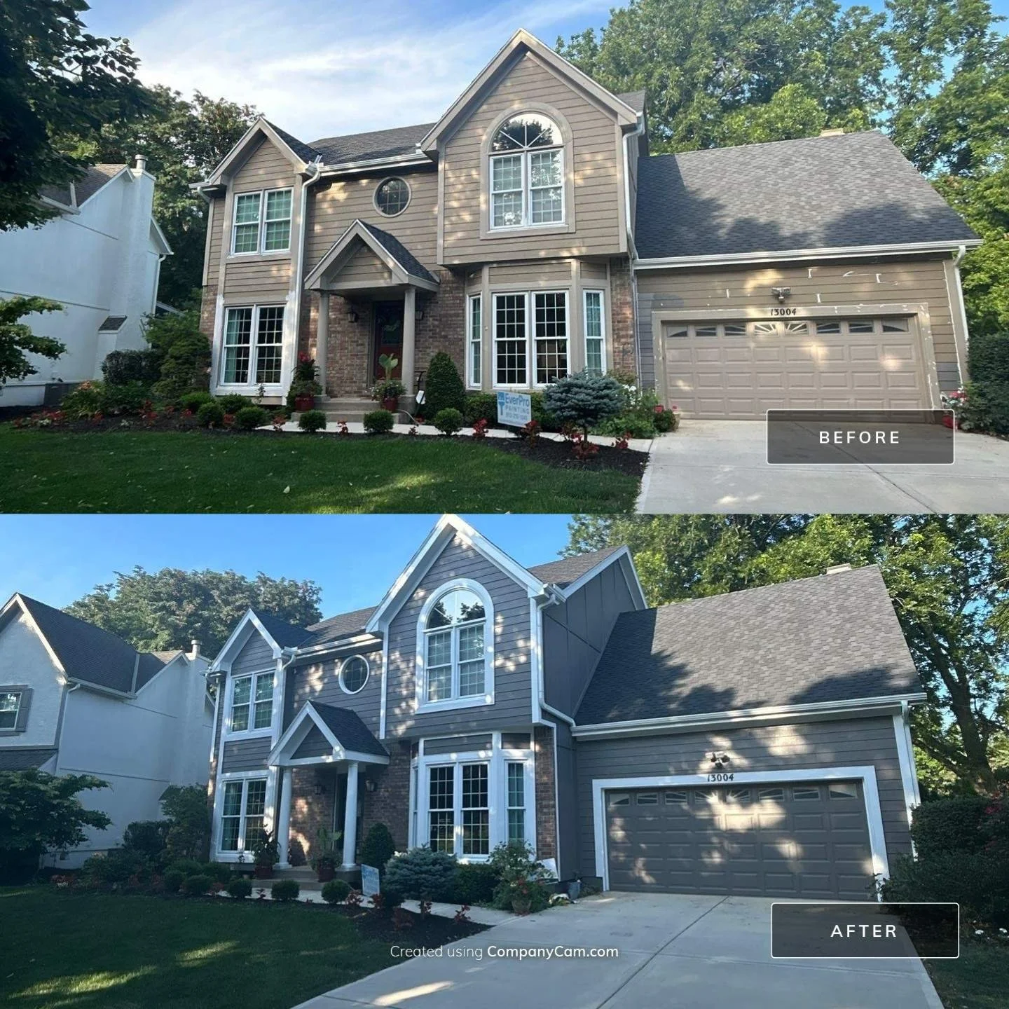 Exterior house painting before and after in the Kansas City metro — faded tan siding updated to a modern two-tone finish by EverPro Painting