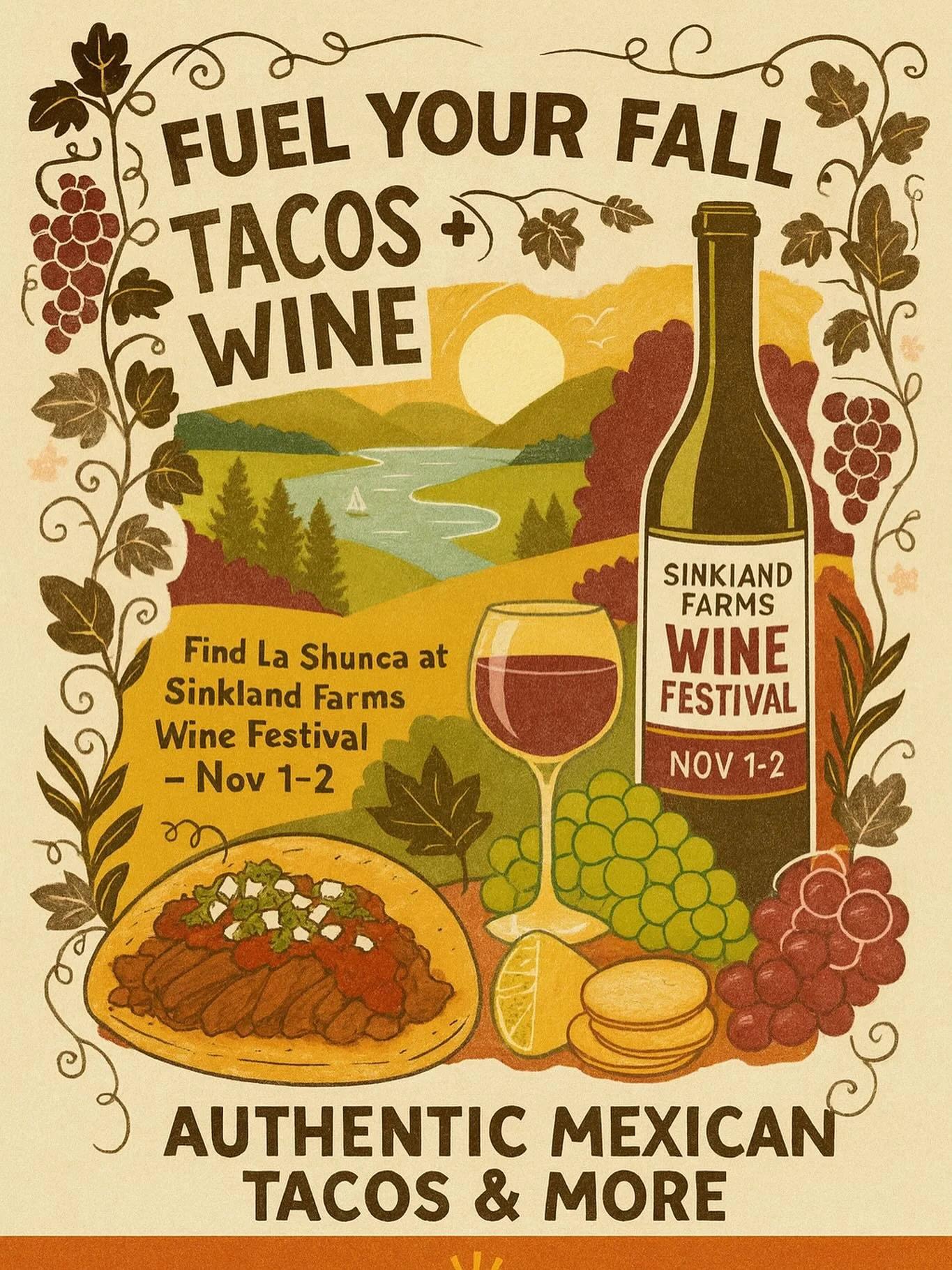 Virginia fall never tasted this good. 🍁
La Shunca is serving authentic Mexican tacos all weekend at Sinkland Farms Wine Festival (Nov 1-2)!
Come hungry, leave happy. 🌮❤️

#sinklandfarms #sinklandwinefestival #virginiawine #swvaevents #christiansbur