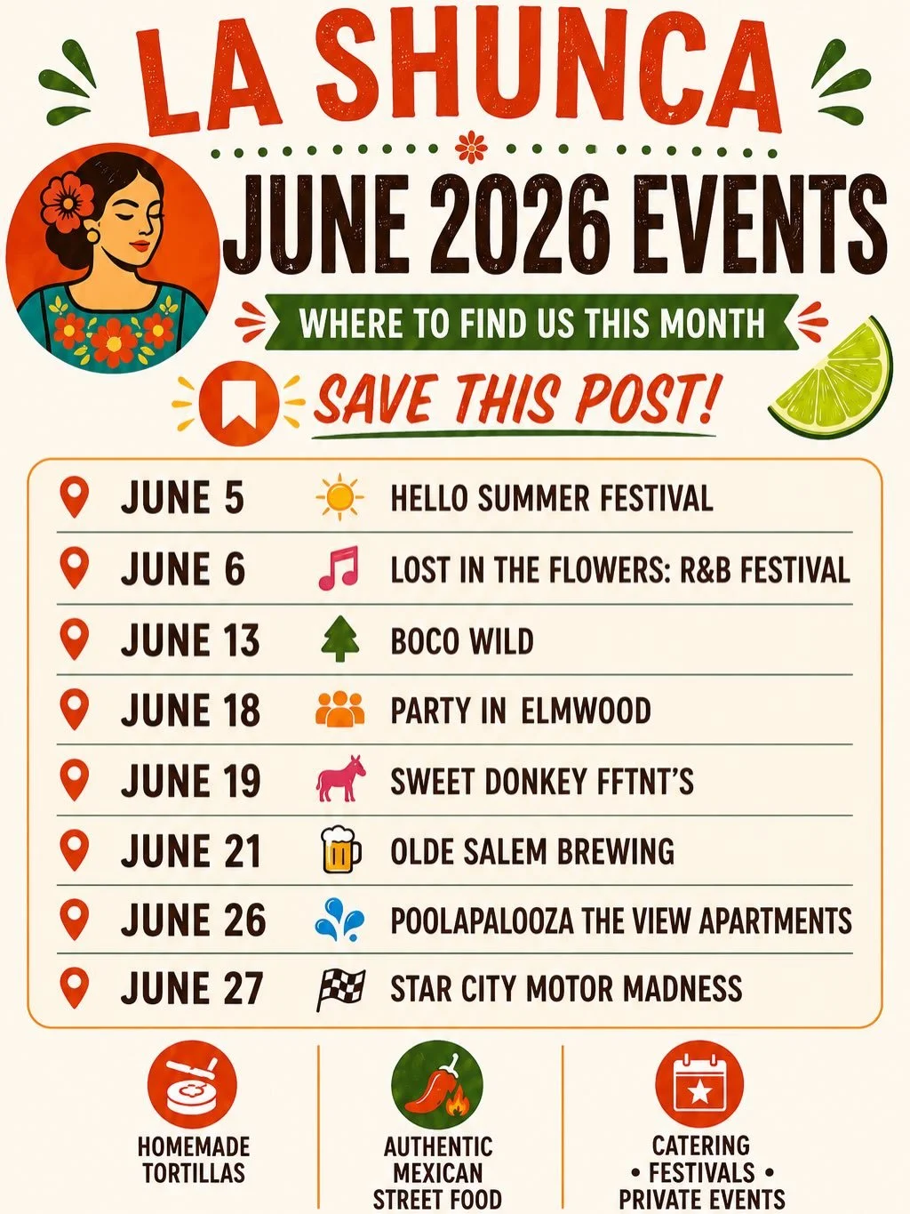 🌮 June is packed!

From festivals and concerts to pool parties and car shows, we&rsquo;ll be serving up fresh homemade tortillas and authentic Mexican street food all month long.

📍 Save this post and come find us!

June Events
☀️ June 5 &ndash; He