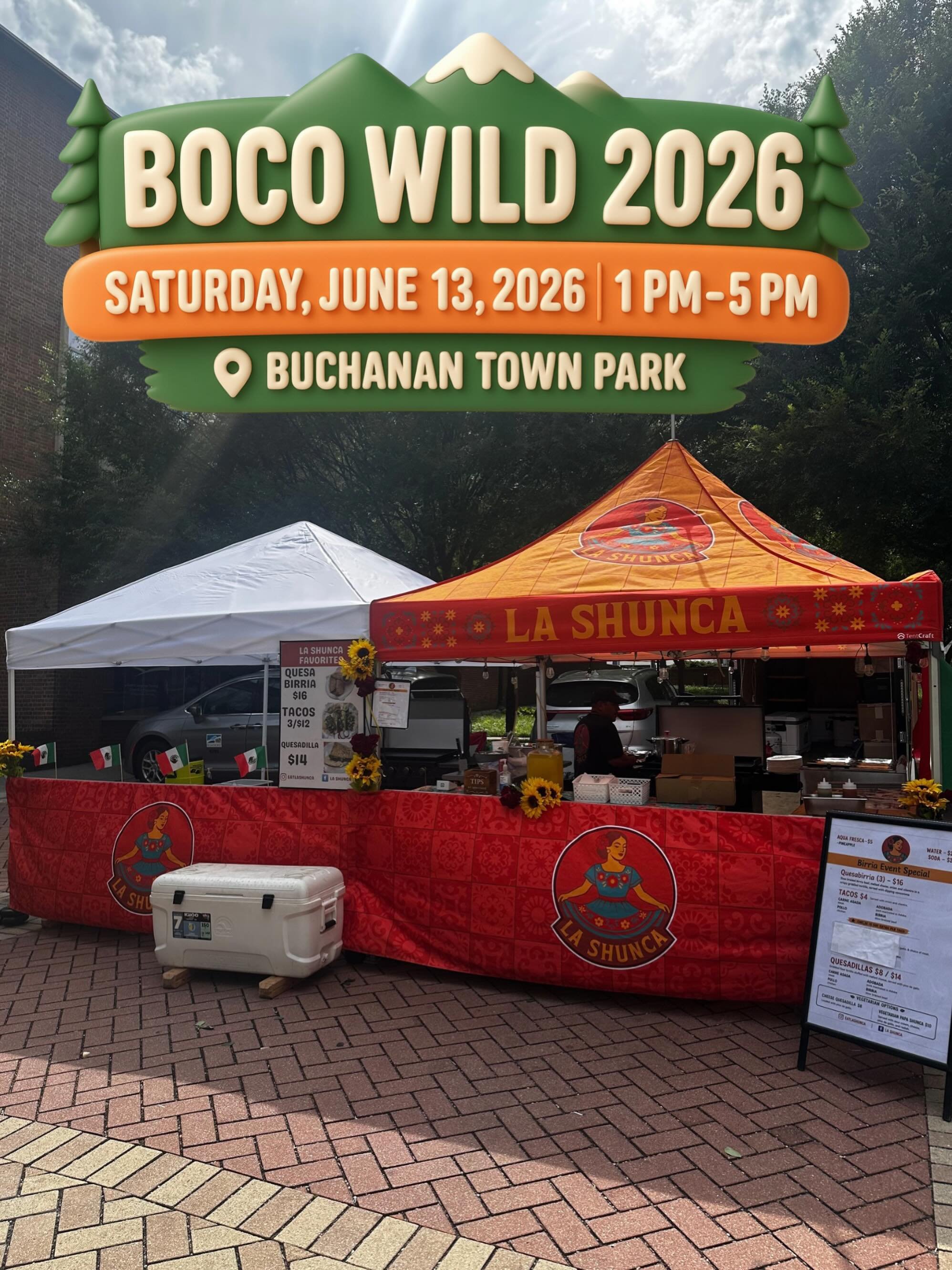 🌲 BOCO WILD 2026 🌲

Adventure, family fun, and authentic Mexican street food all in one place! 🌮🔥

Join us this Saturday at Buchanan Town Park and fuel up with homemade tortillas, quesabirrias, tacos, loaded Papa Shuncas, quesadillas, and refresh
